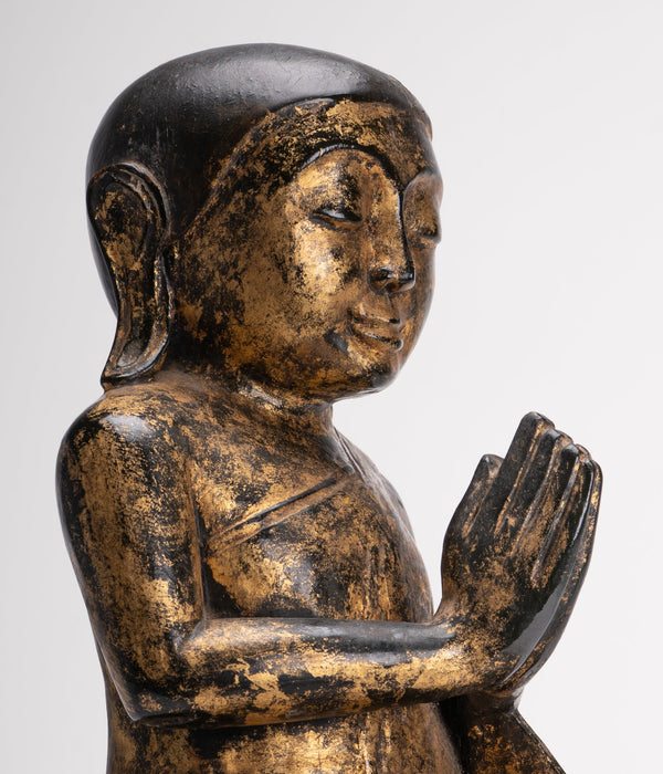 Antique Disciple Statue - Antique Burmese Style Wood Kneeling Buddha Disciple Statue - 44cm/18"