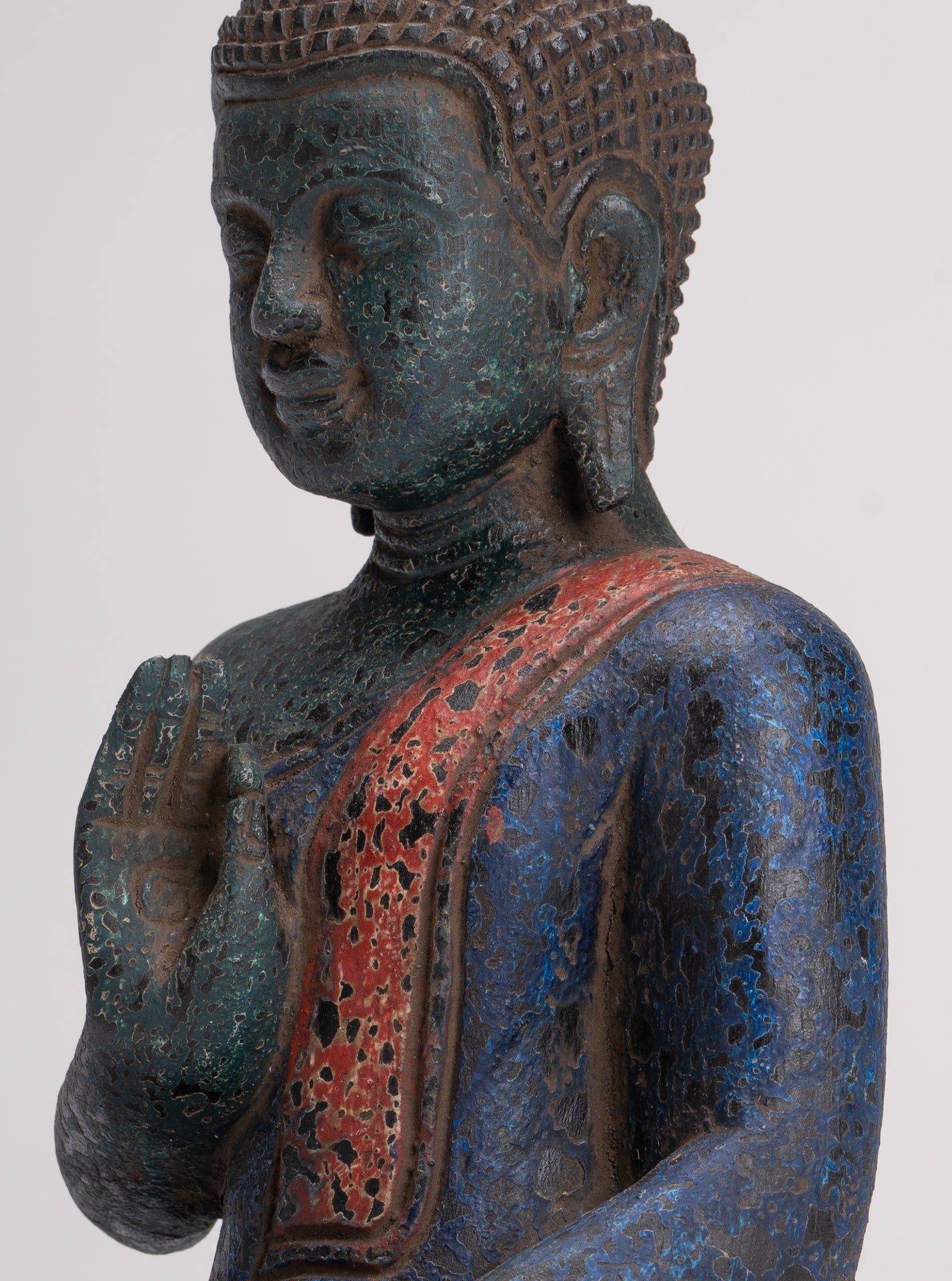 Buddha Statue - Antique Khmer Style Cambodia Seated Wood Buddha Statue Teaching Mudra - 27cm/11"