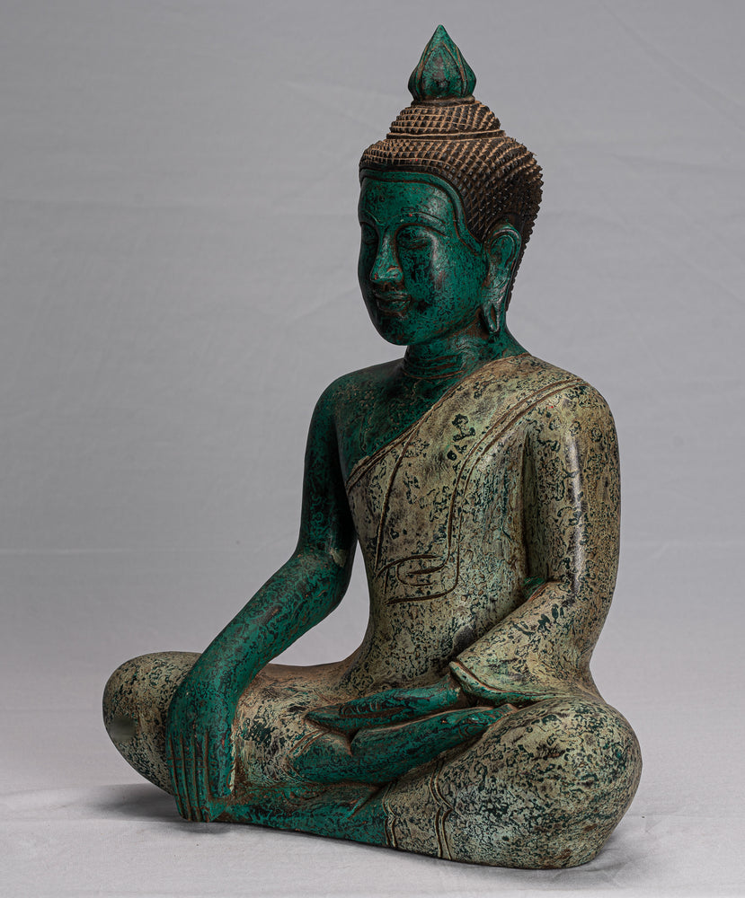 Statua di Buddha - Statua di Buddha illuminato in legno antico in stile Khmer del sud-est asiatico - 43 cm/17"