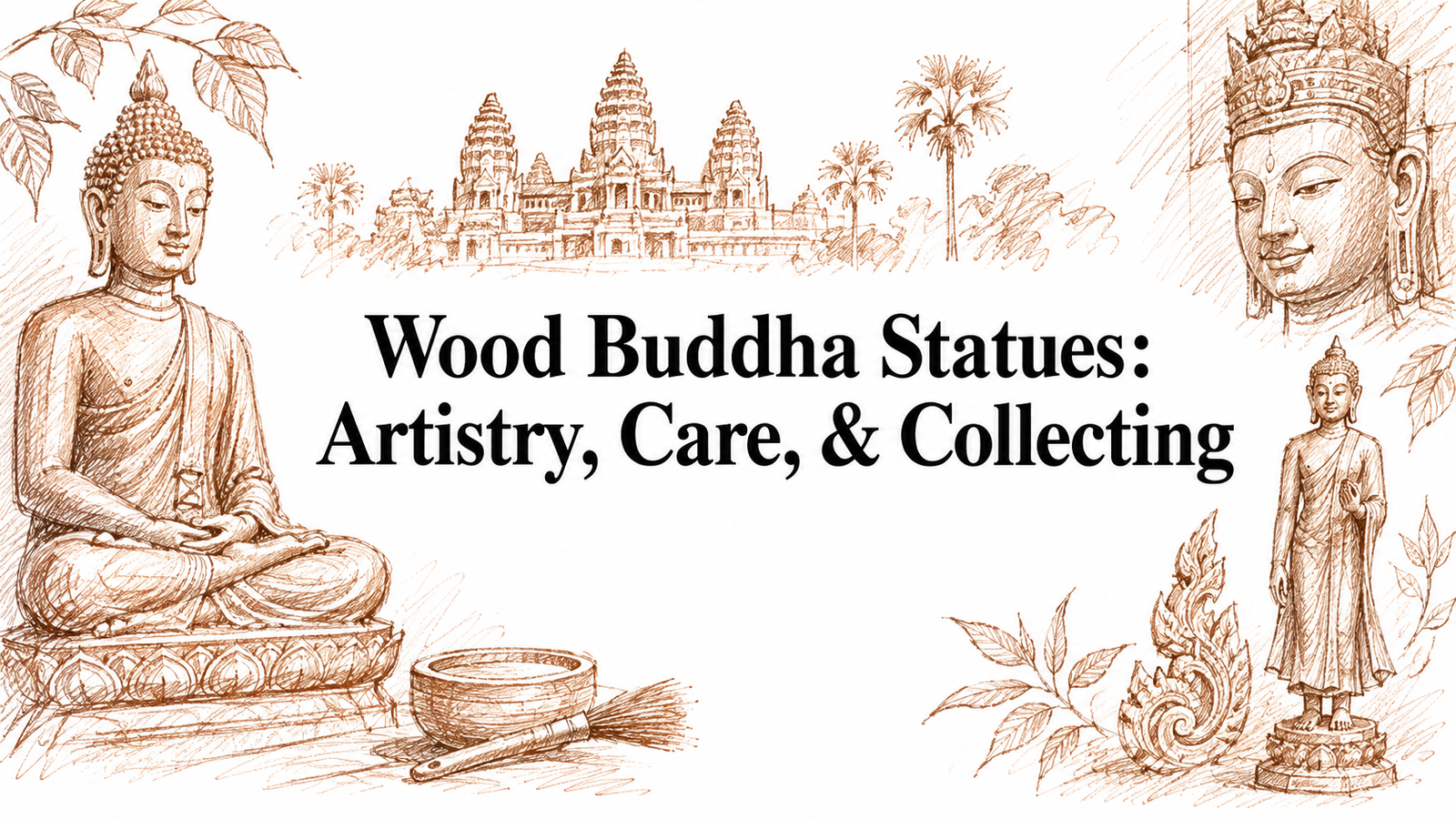 A sepia sketch shows Buddha statues, a temple, palm trees, leaves, a bowl, and a brush, with "Wood Buddha Statues: Artistry, Care, & Collecting" text.