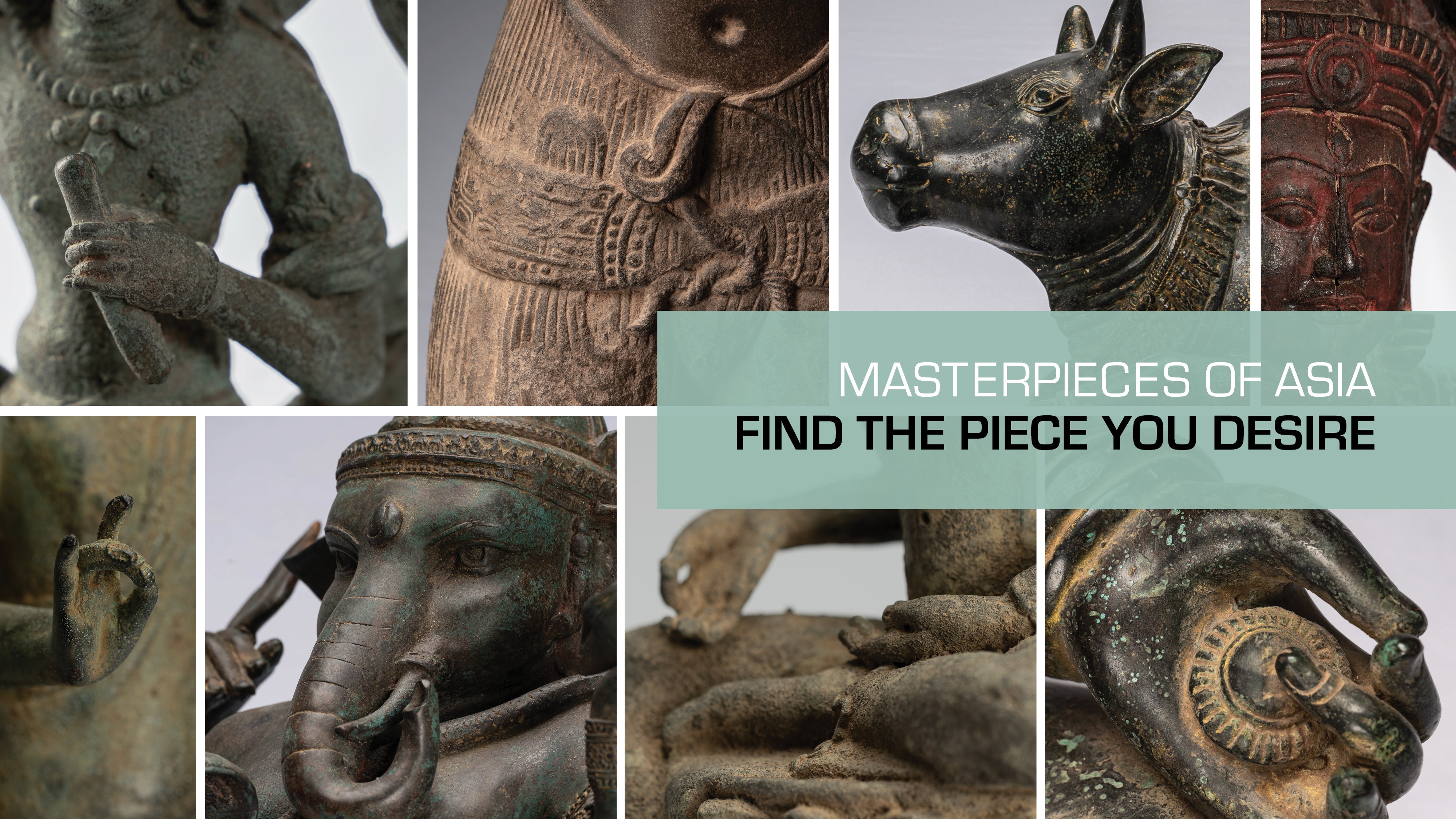 Asian sculptures showcasing detailed figures and animals, with a text overlay "Find the piece you desire."