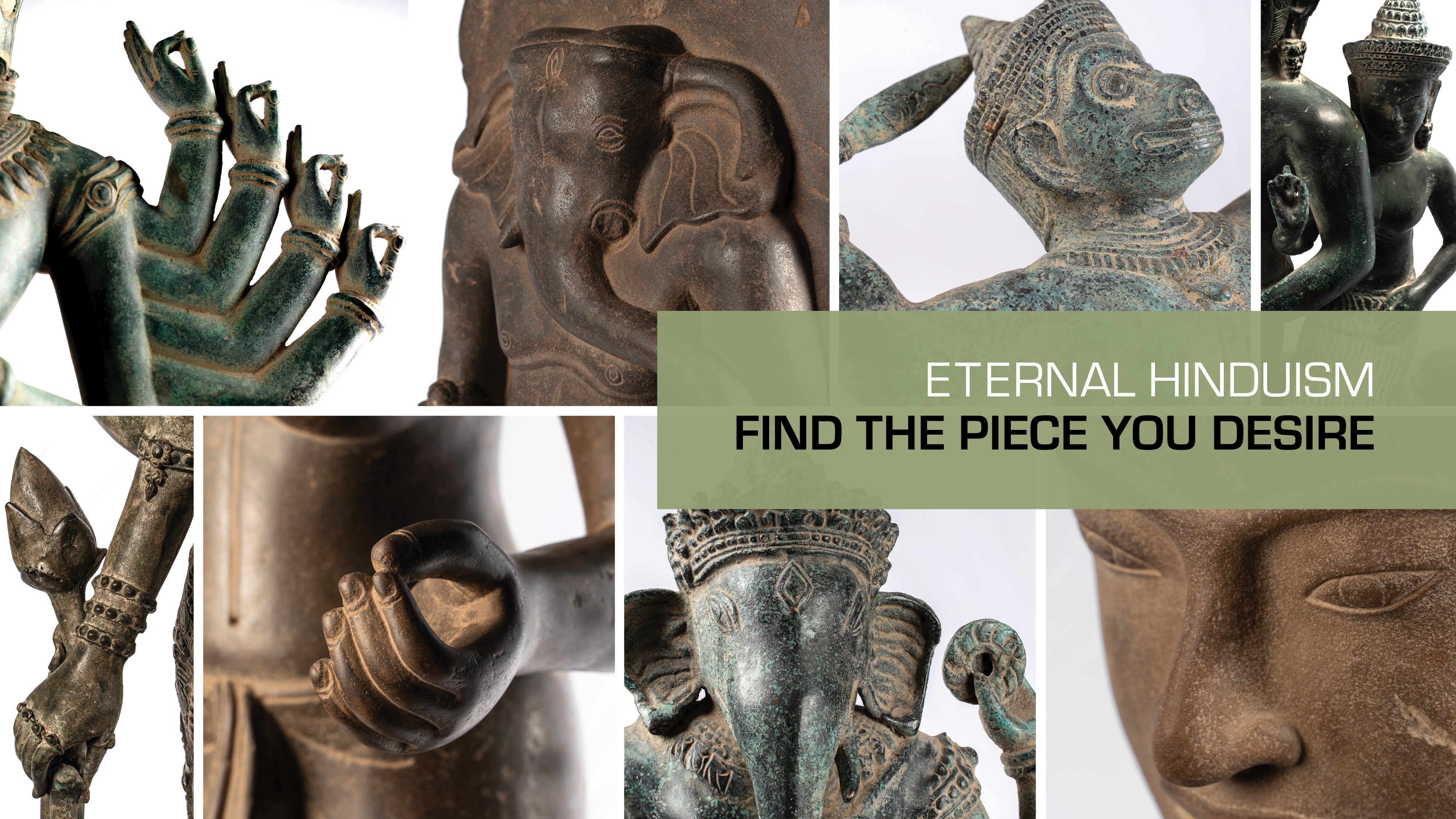 Collage of Hindu sculptures with intricate details and text: "Eternal Hinduism, Find the piece you desire."
