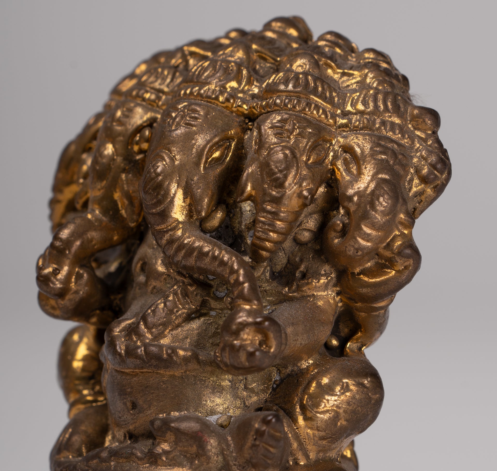 Ganesh - Antique Thai Style Brass Seated Gold Heramba Ganapati Statue  - 8cm/3"