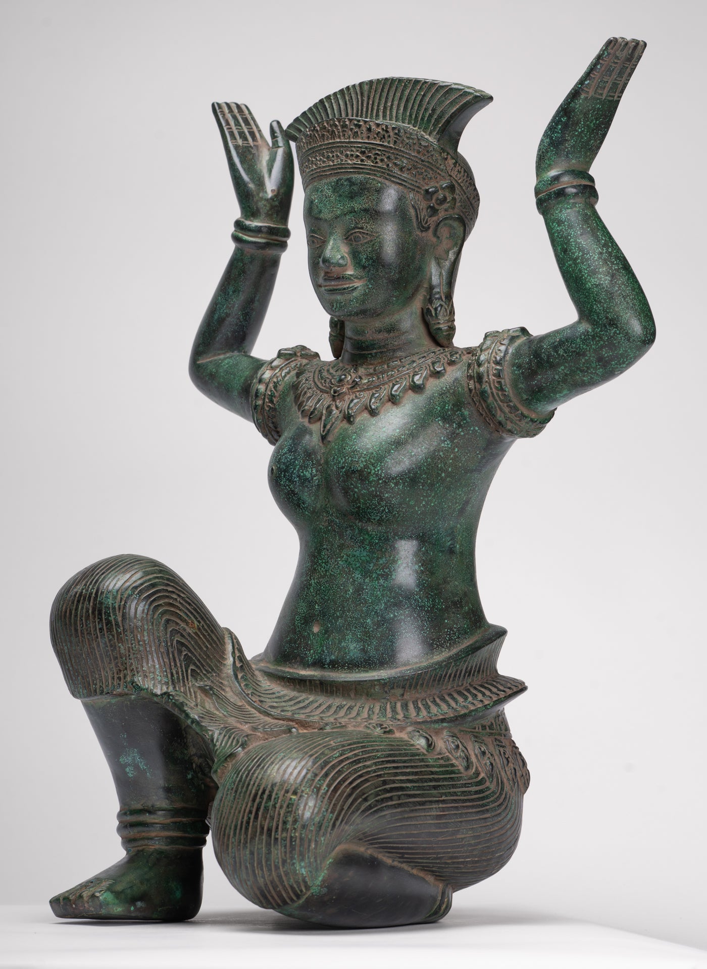 Antique Bayon Style Bronze Kneeling Female Devi Statue - 44cm/18"