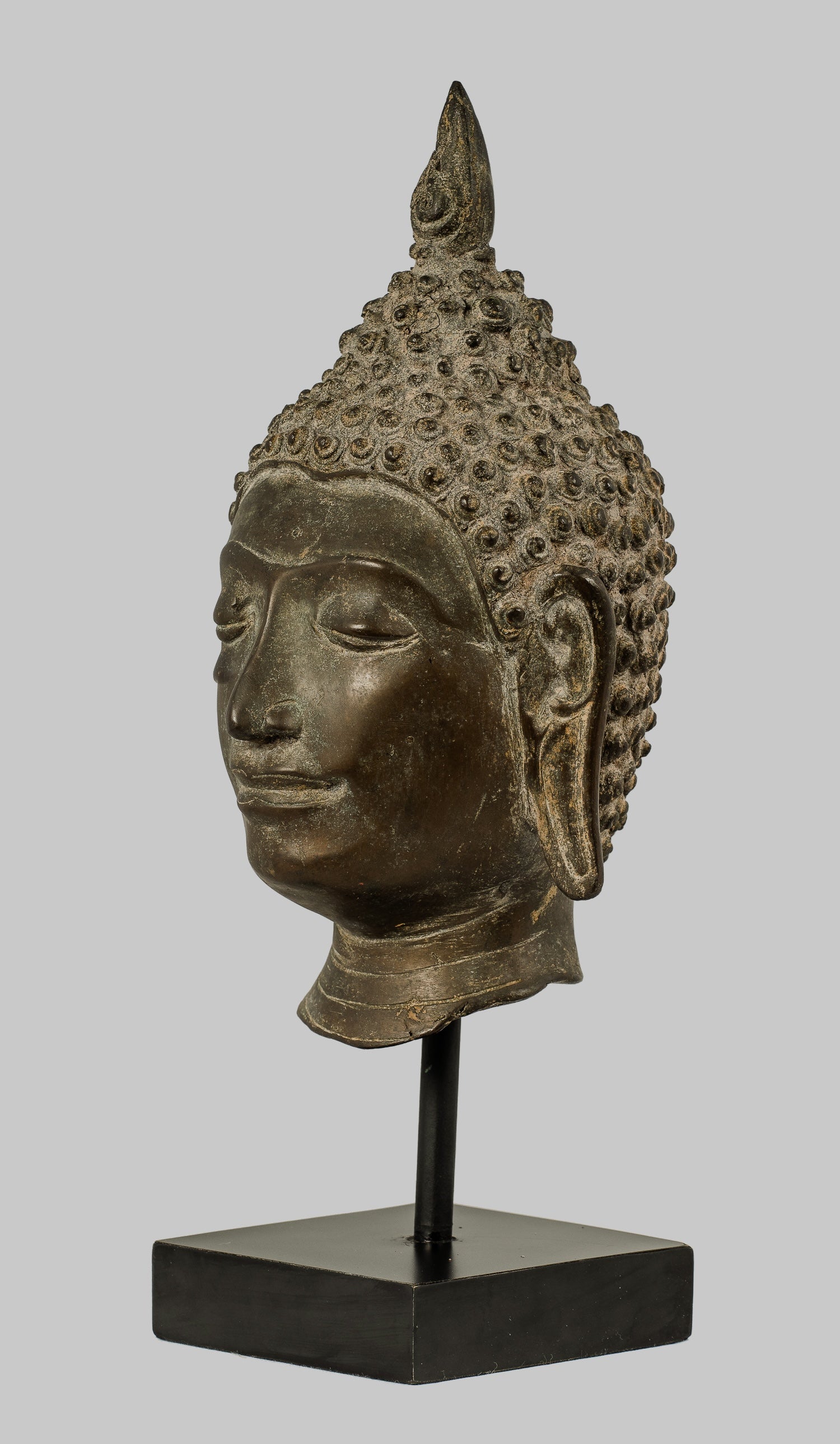 Statue de Bouddha antique – Statue antique de tête de Bouddha montée sur Chiang Saen du XVIIIe siècle – 30 cm/12"