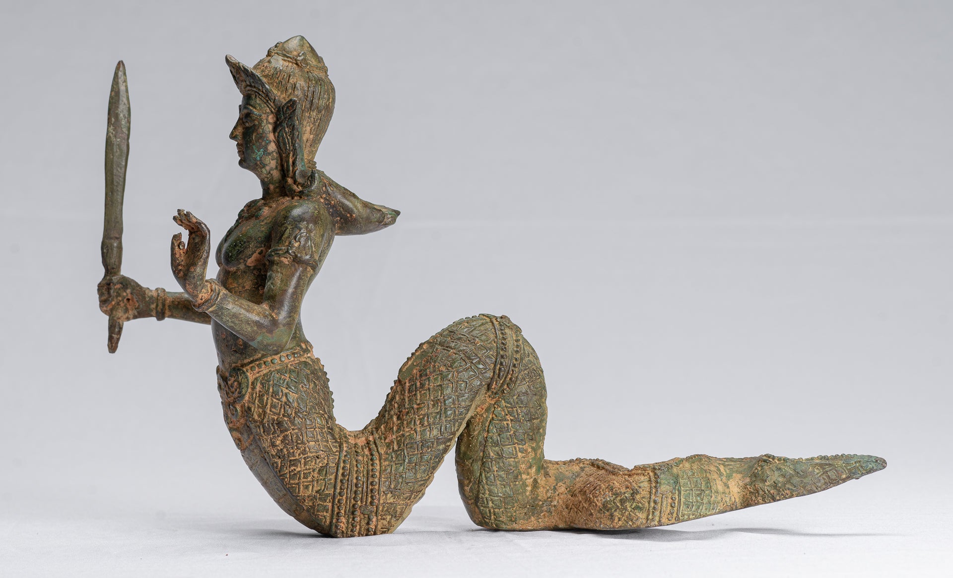 Antique Thai Style Bronze Female Deity with Naga Tail Statue - 22cm/9"