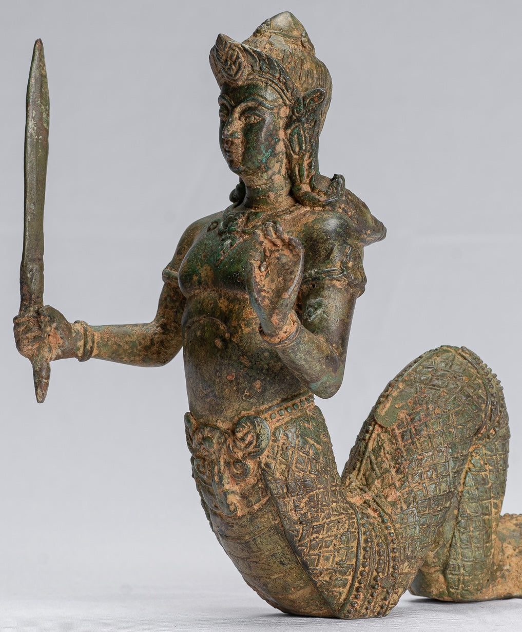 Antique Thai Style Bronze Female Deity with Naga Tail Statue - 22cm/9"