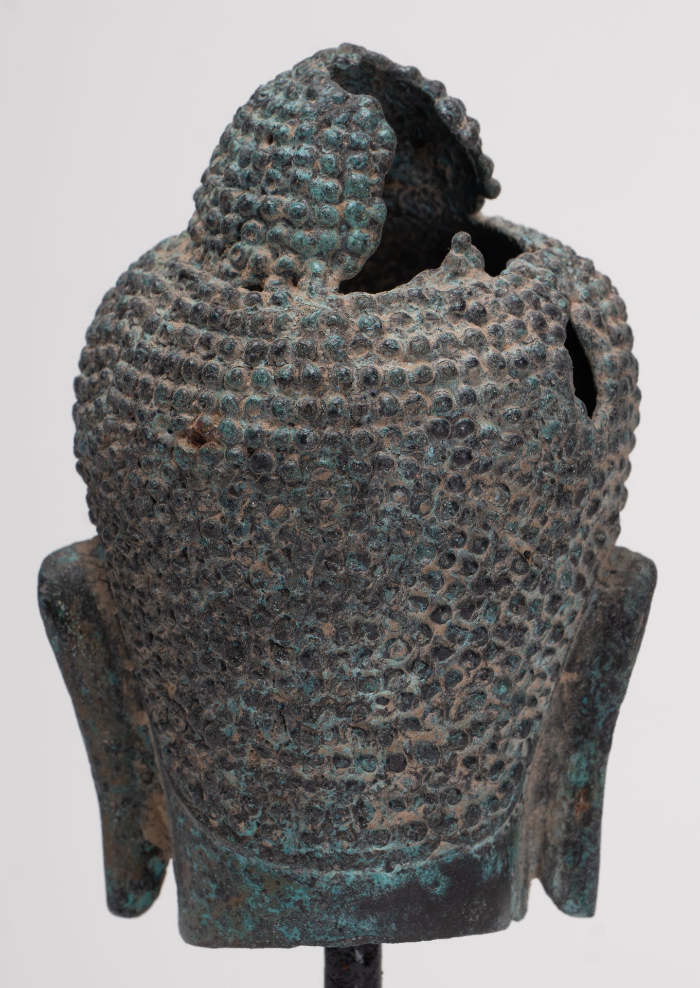 Antique Thai Style Mounted Dvaravati Bronze Buddha Head Statue - 19cm/7.5"