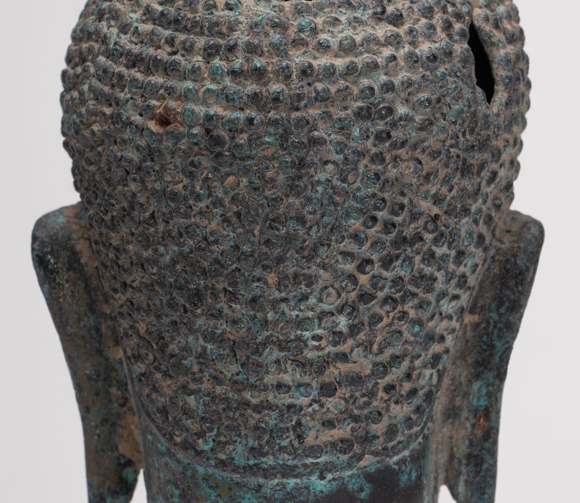 Antique Thai Style Mounted Dvaravati Bronze Buddha Head Statue - 19cm/7.5"