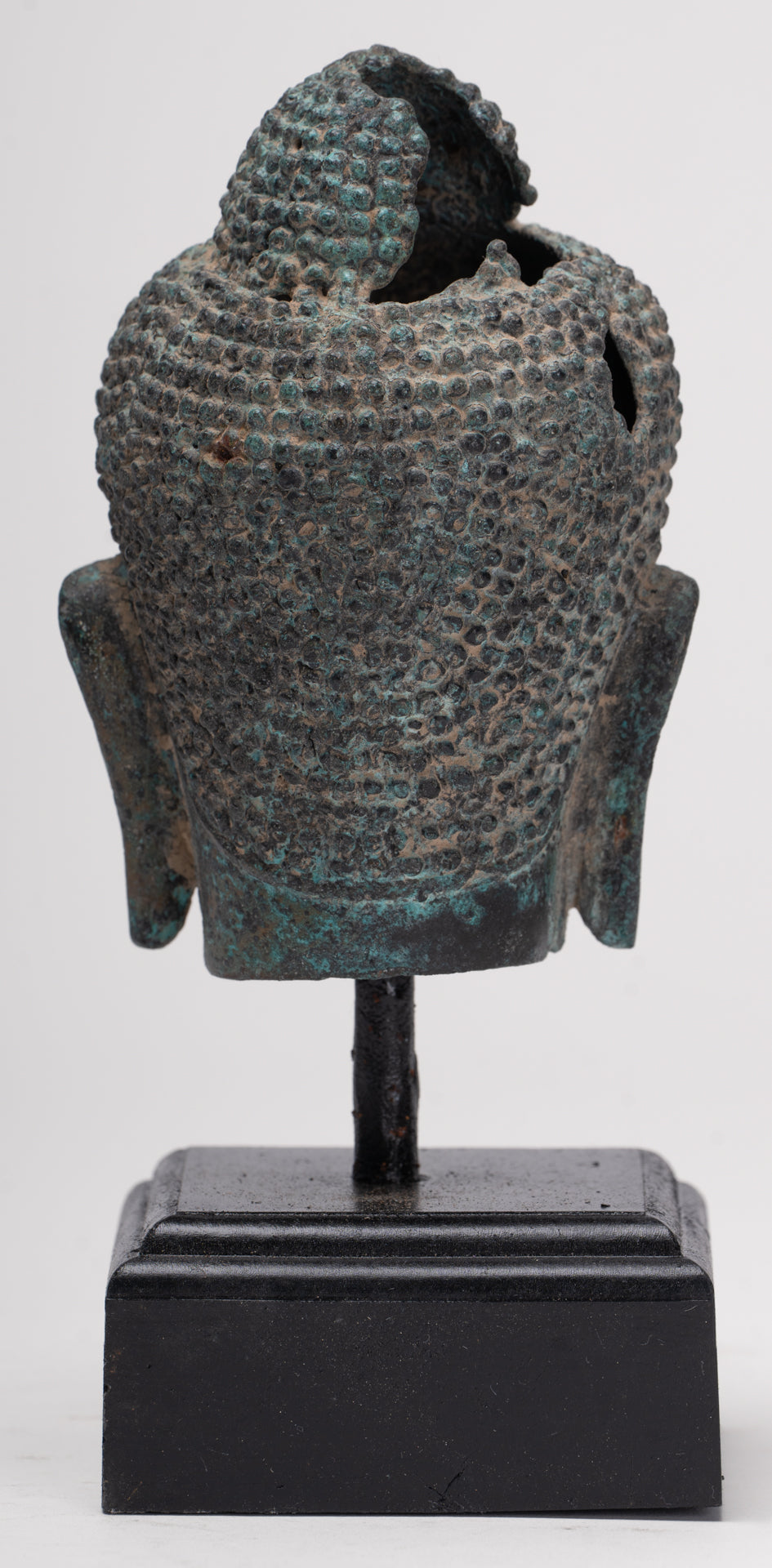 Antique Thai Style Mounted Dvaravati Bronze Buddha Head Statue - 19cm/7.5"