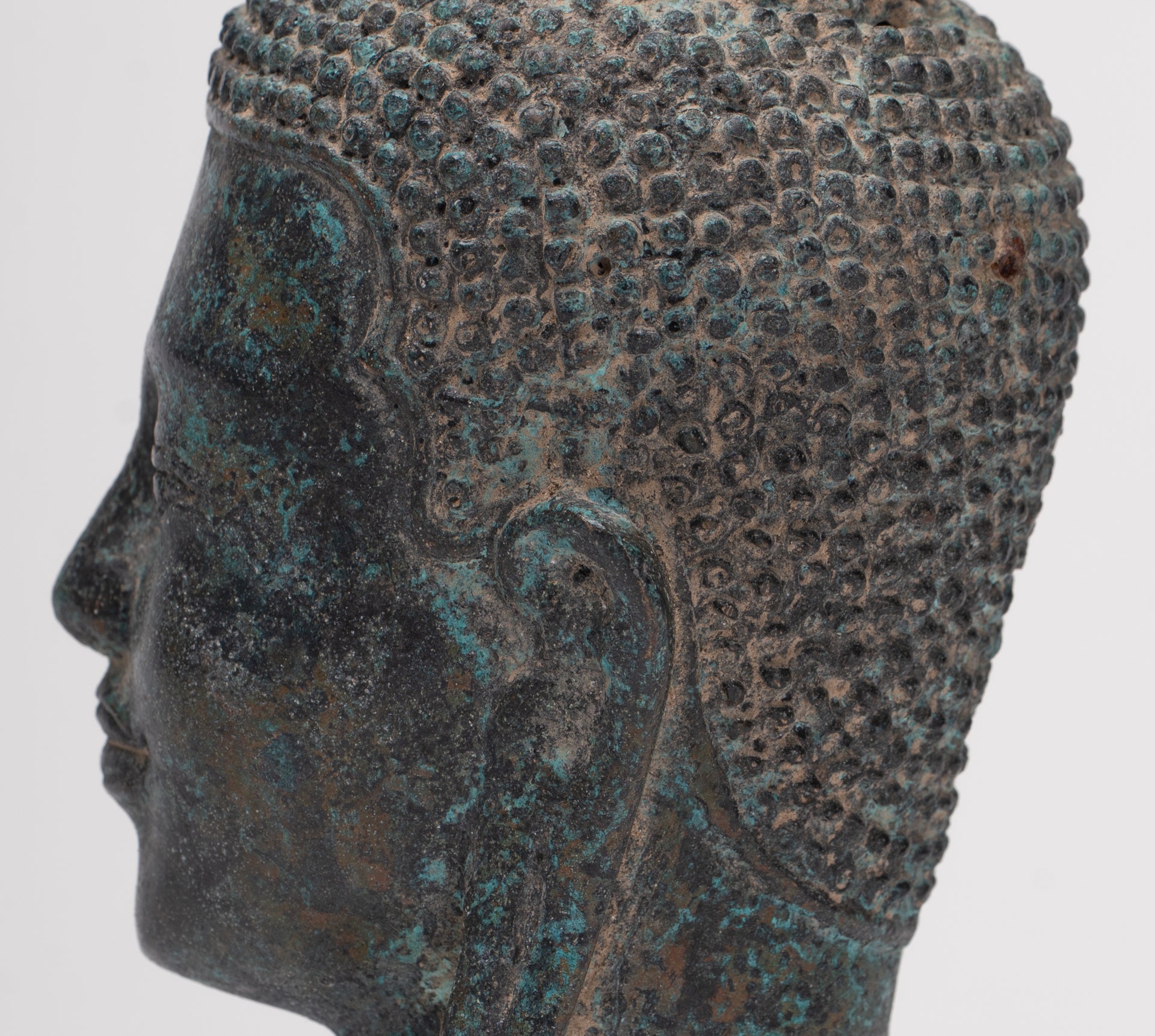 Antique Thai Style Mounted Dvaravati Bronze Buddha Head Statue - 19cm/7.5"