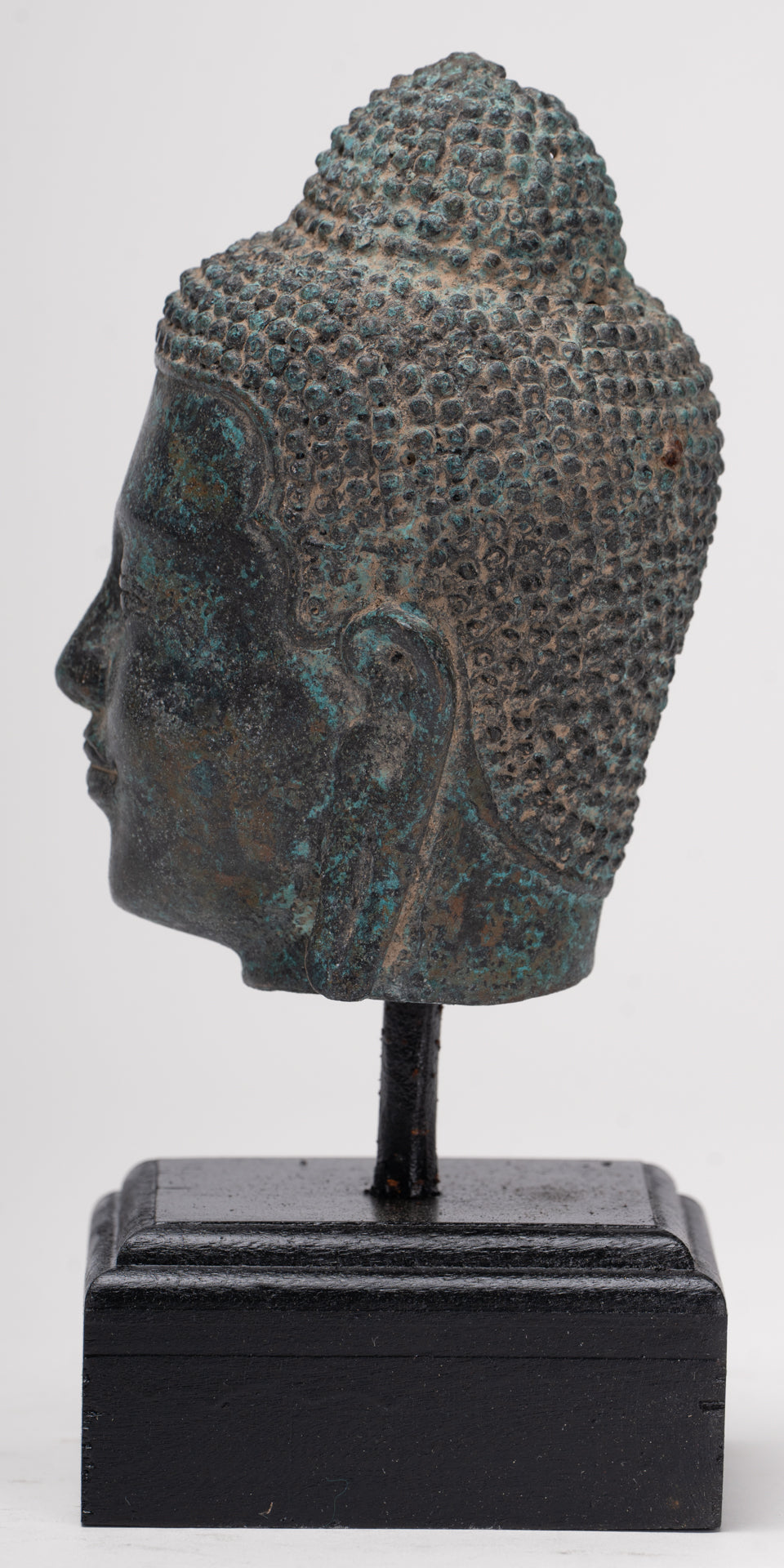 Antique Thai Style Mounted Dvaravati Bronze Buddha Head Statue - 19cm/7.5"