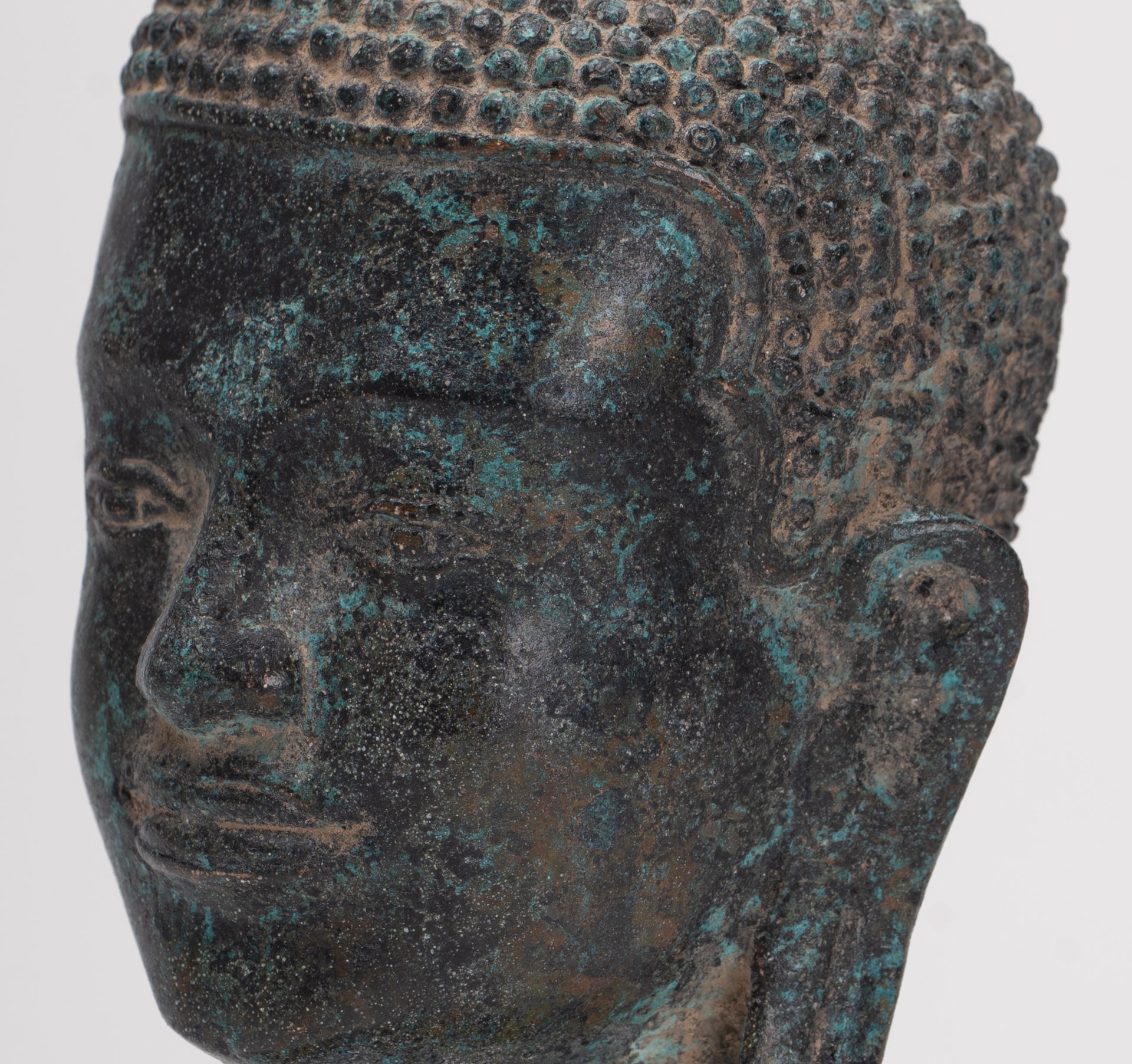 Antique Thai Style Mounted Dvaravati Bronze Buddha Head Statue - 19cm/7.5"