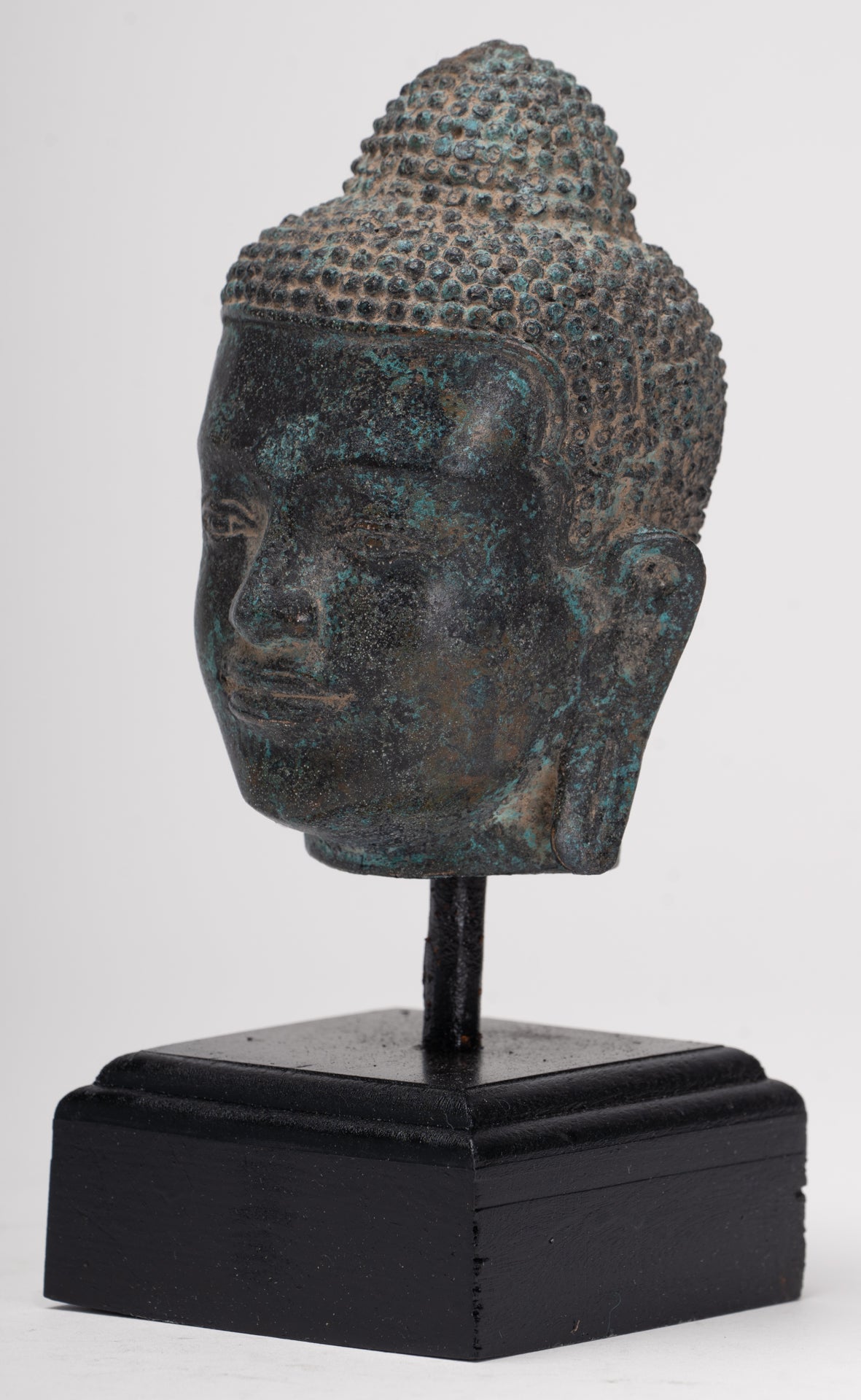 Antique Thai Style Mounted Dvaravati Bronze Buddha Head Statue - 19cm/7.5"