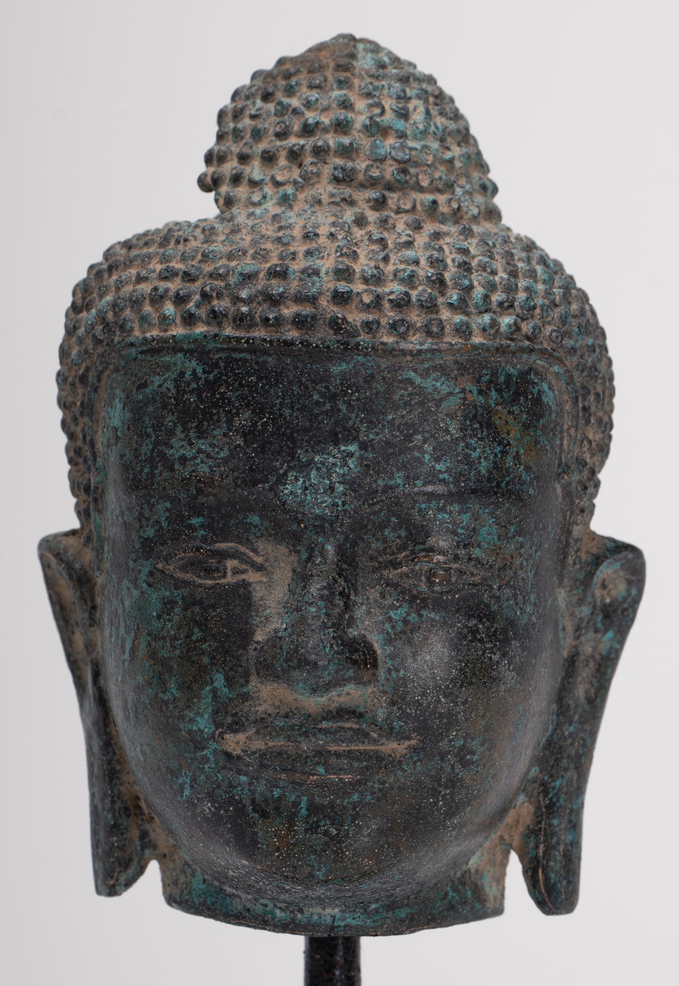 Antique Thai Style Mounted Dvaravati Bronze Buddha Head Statue - 19cm/7.5"