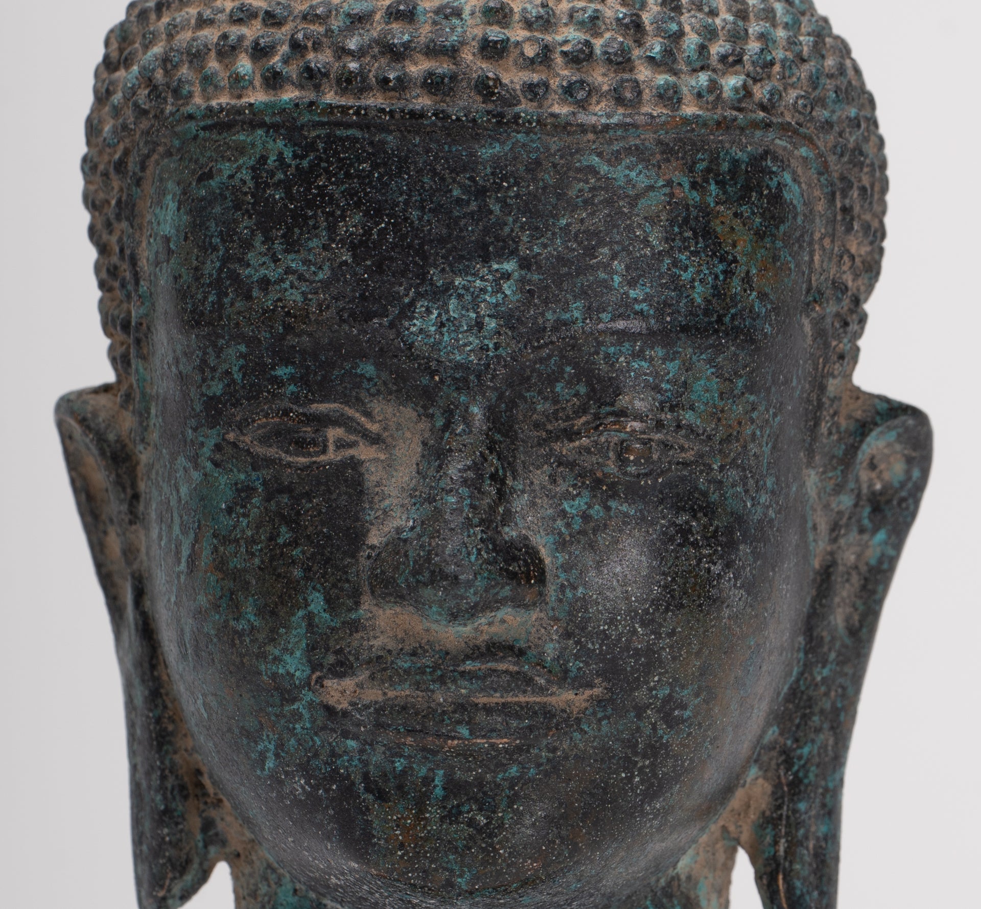 Antique Thai Style Mounted Dvaravati Bronze Buddha Head Statue - 19cm/7.5"