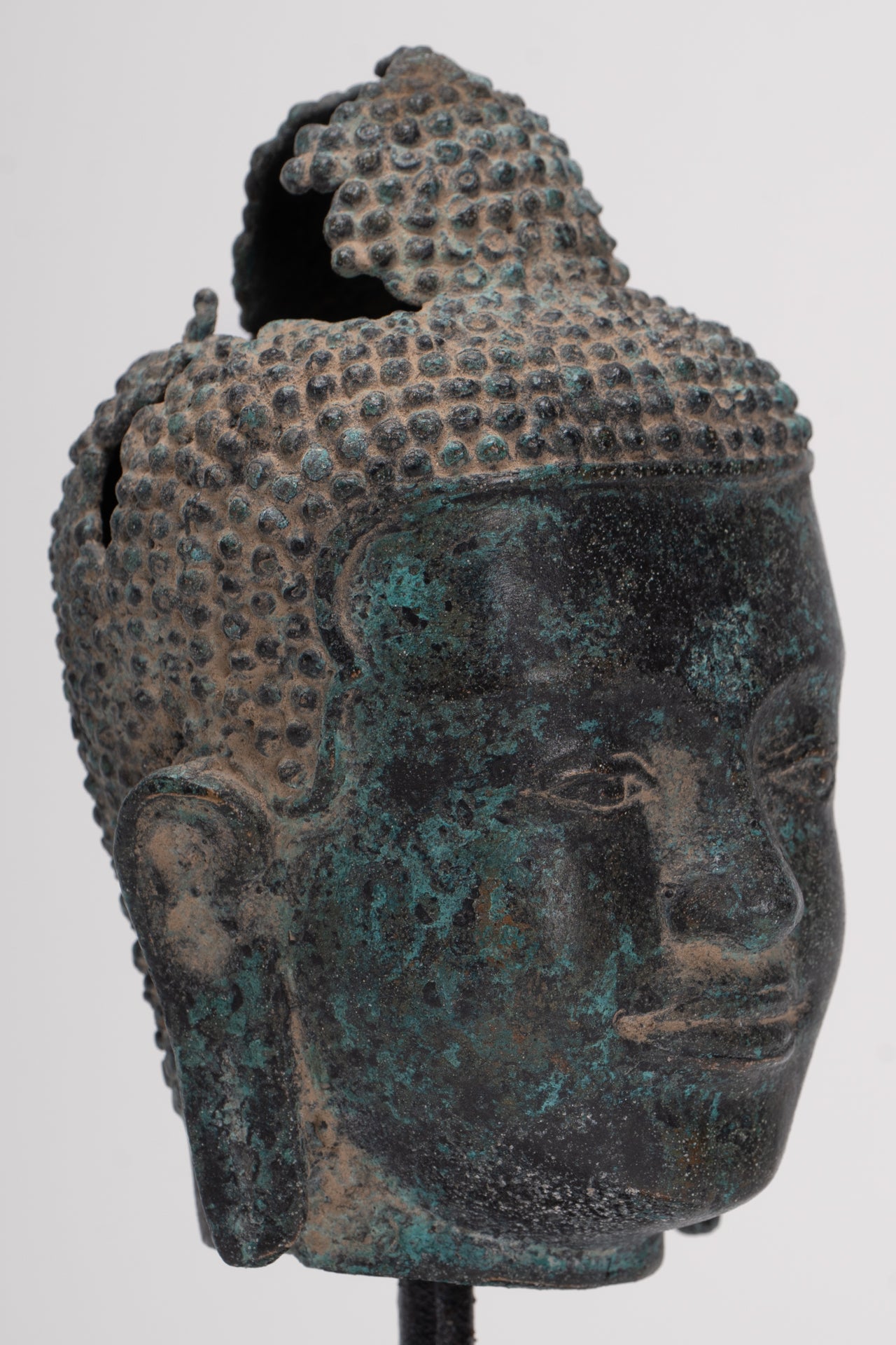 Antique Thai Style Mounted Dvaravati Bronze Buddha Head Statue - 19cm/7.5"
