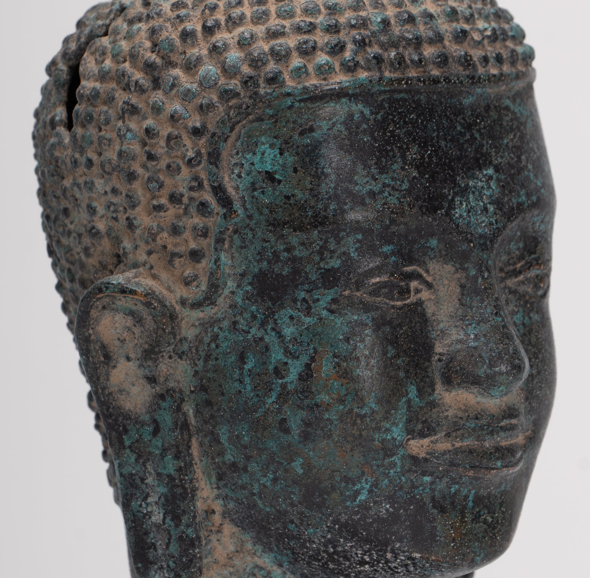 Antique Thai Style Mounted Dvaravati Bronze Buddha Head Statue - 19cm/7.5"