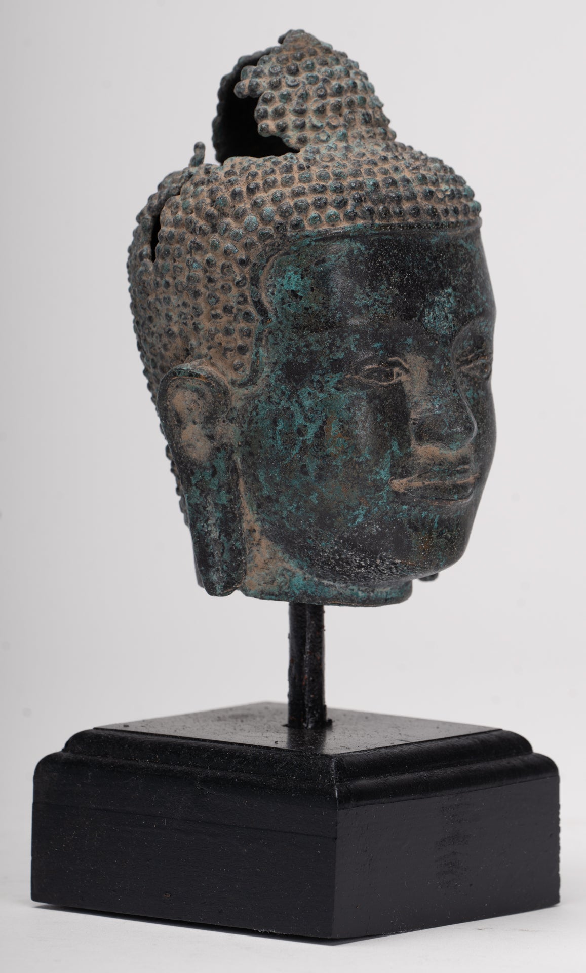 Antique Thai Style Mounted Dvaravati Bronze Buddha Head Statue - 19cm/7.5"