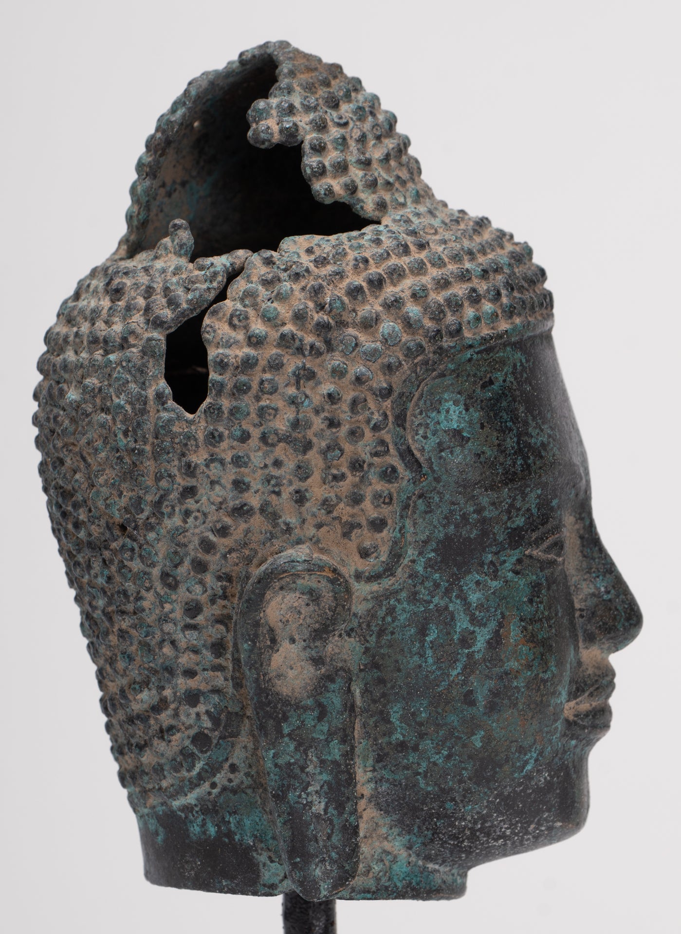 Antique Thai Style Mounted Dvaravati Bronze Buddha Head Statue - 19cm/7.5"