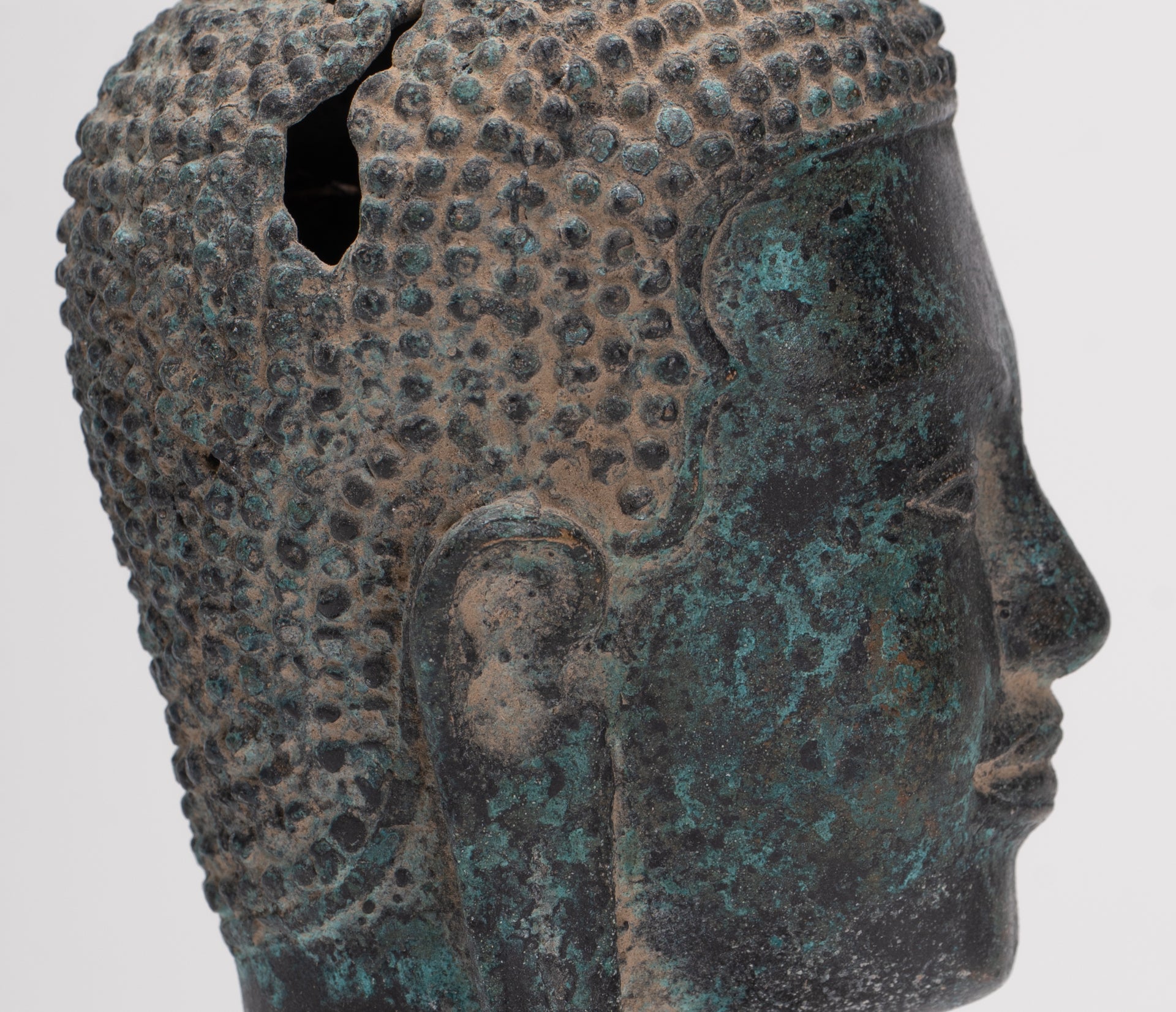 Antique Thai Style Mounted Dvaravati Bronze Buddha Head Statue - 19cm/7.5"