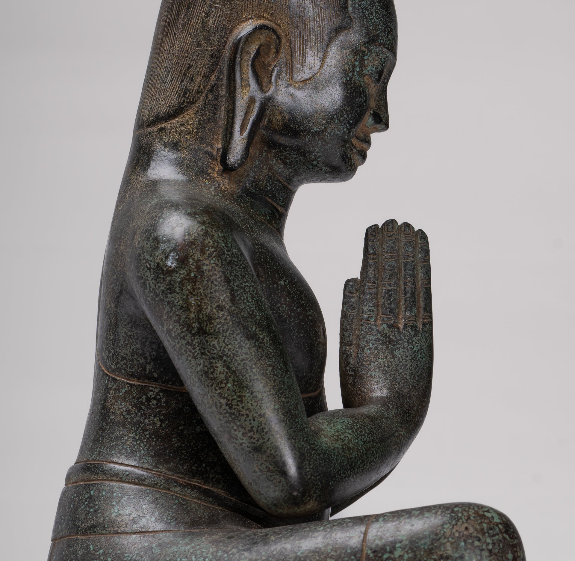 Antique Khmer Style Bronze Meditation Seated Jayavarman VII Statue - 38cm/15"