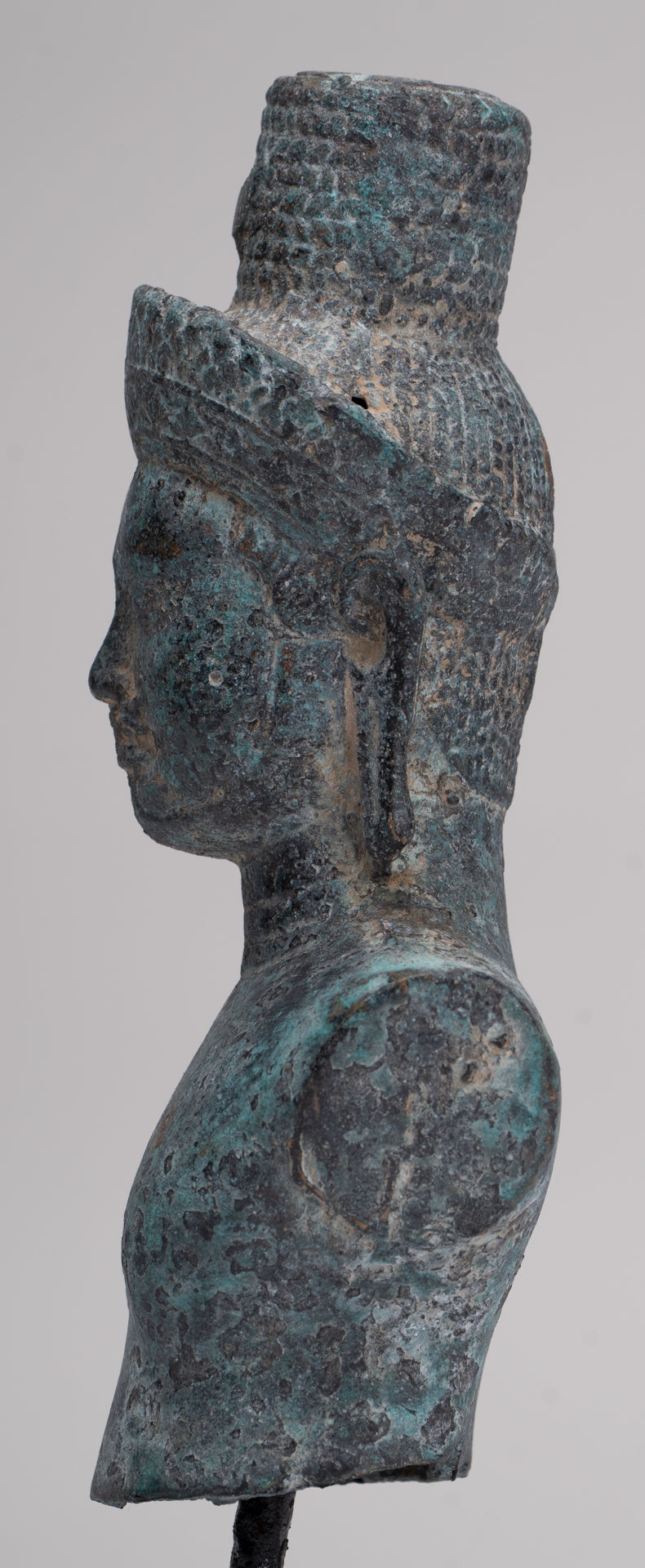 Antique Khmer Style Bronze Mounted Bakheng Shiva Head Statue - 24cm/10"