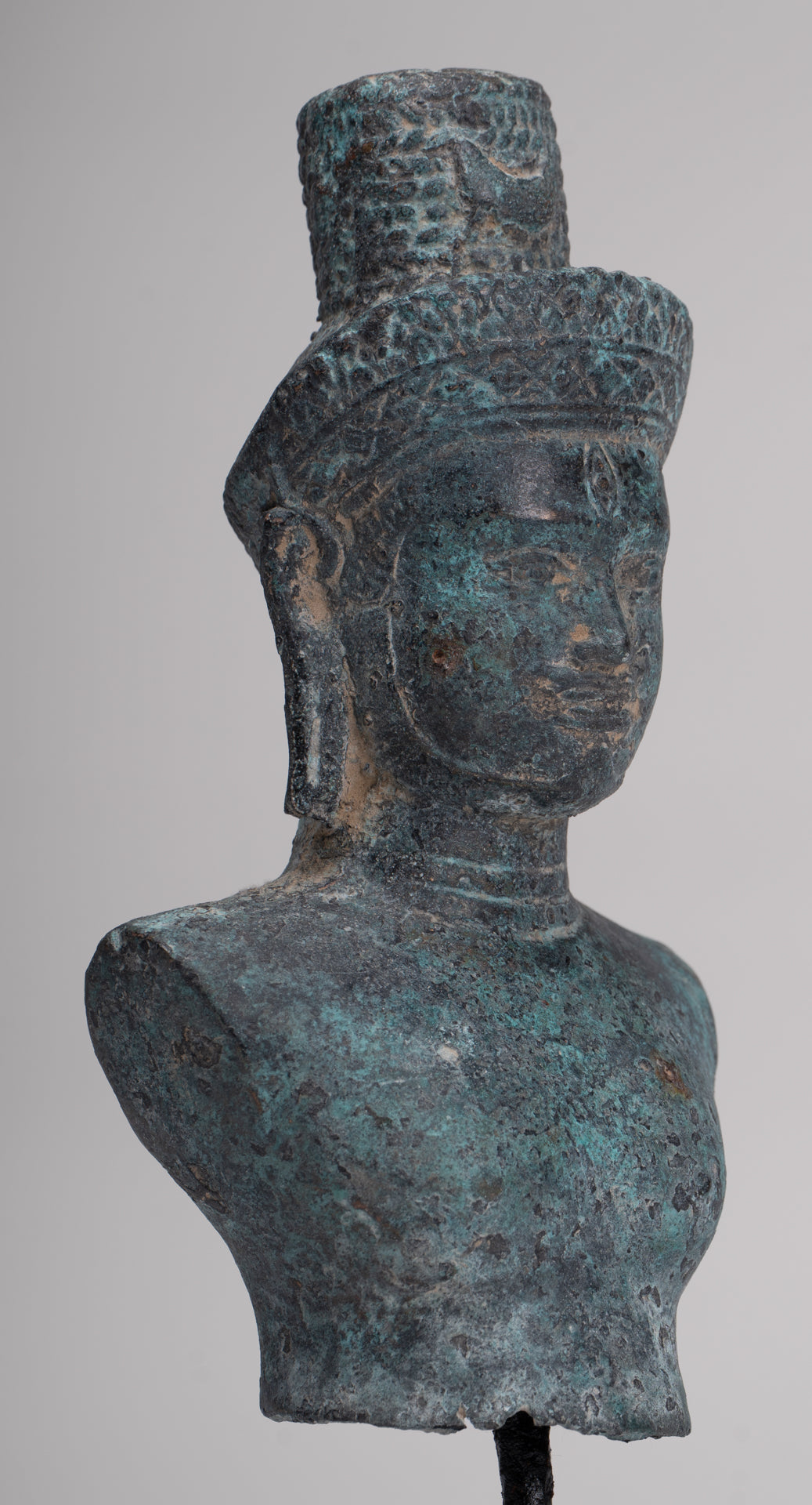 Antique Khmer Style Bronze Mounted Bakheng Shiva Head Statue - 24cm/10"