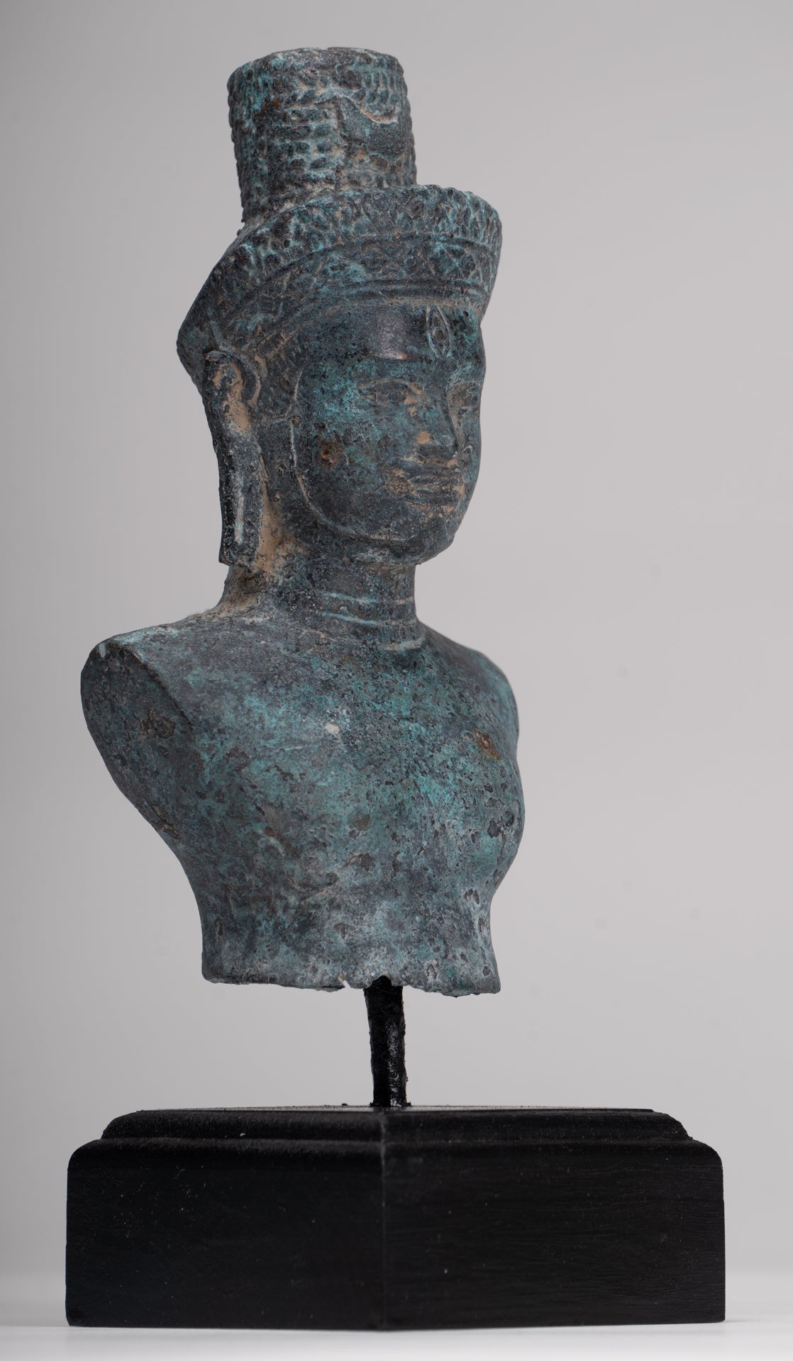 Antique Khmer Style Bronze Mounted Bakheng Shiva Head Statue - 24cm/10"