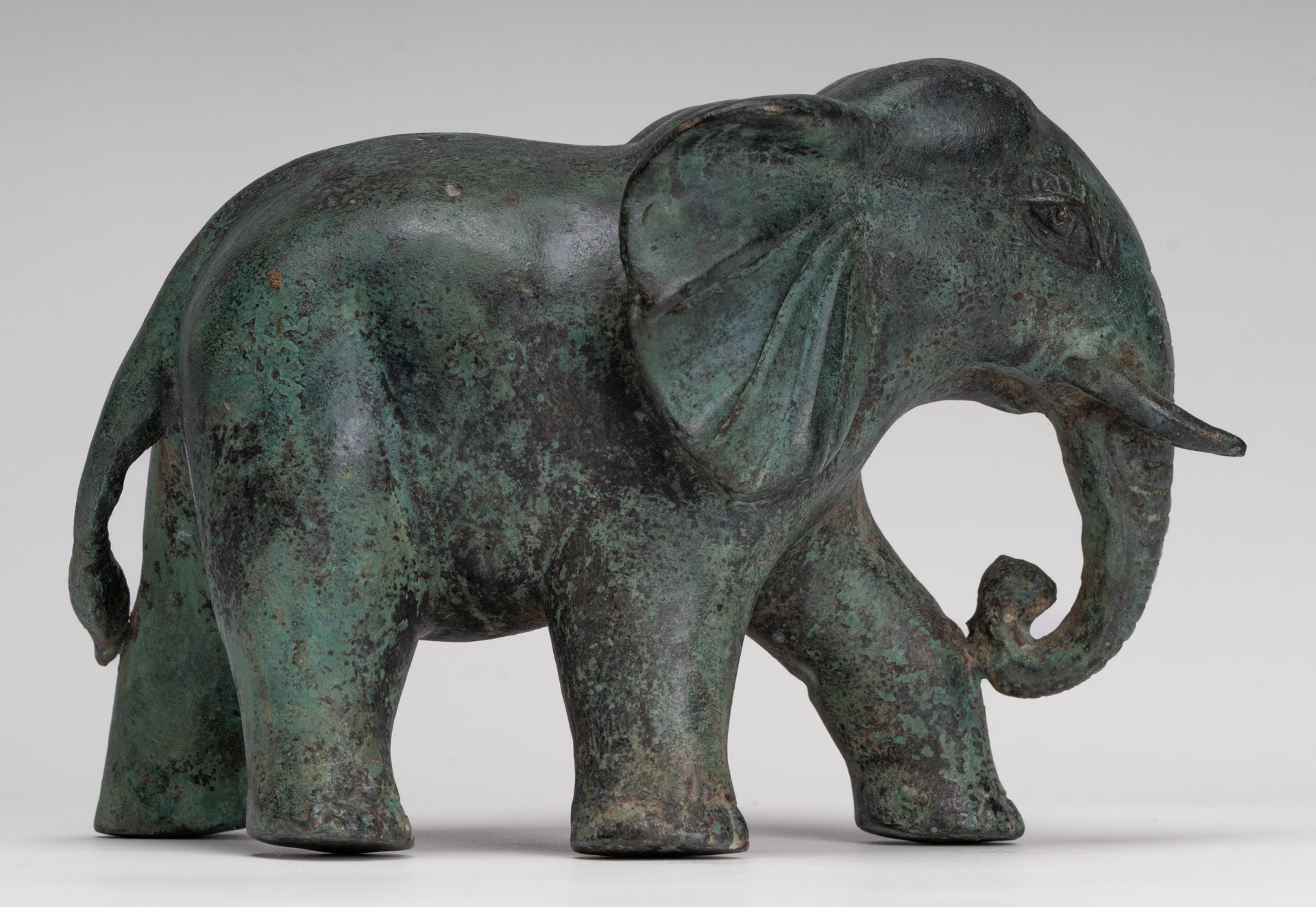 Antique Khmer Style Standing Bronze Elephant Statue - 14cm/6" Tall