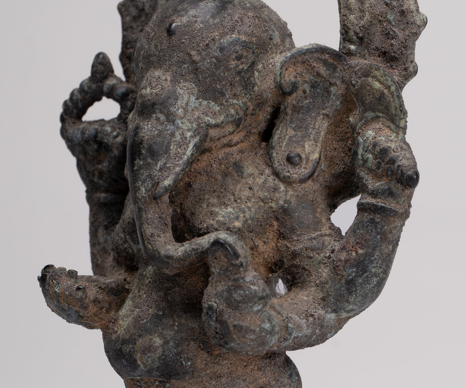 Ganesha Statue - Antique Vietnamese Style Bronze Standing Cham Four-Arm Ganesha Statue - 25cm/10"