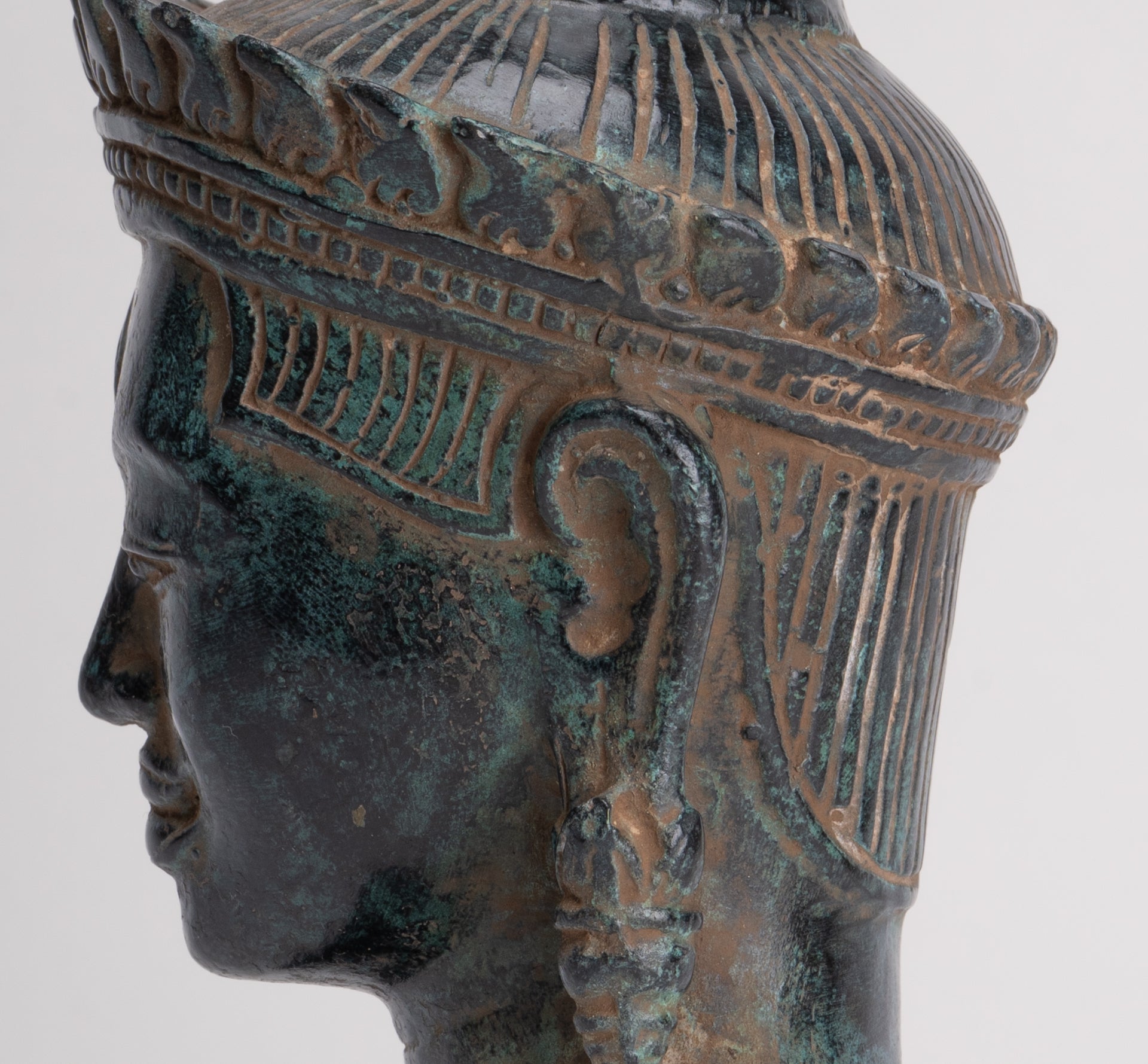 Lokeshvara Statue - Antique Khmer Style Bronze Bayon Style Mounted Lokeshvara Head - 22cm/9"