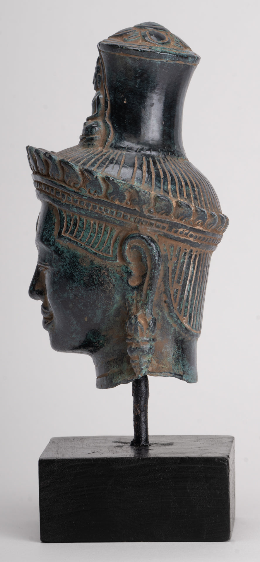Lokeshvara Statue - Antique Khmer Style Bronze Bayon Style Mounted Lokeshvara Head - 22cm/9"