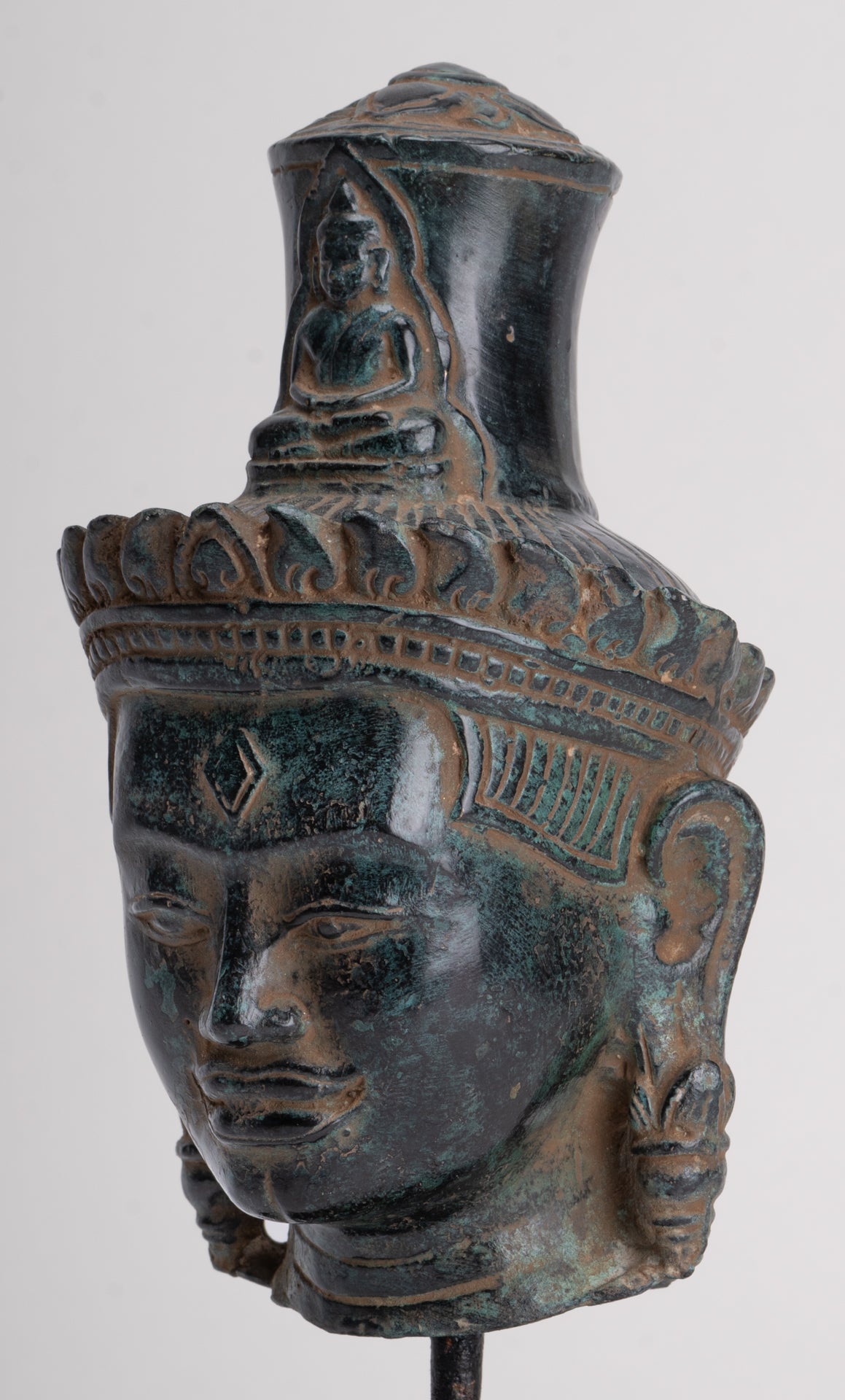 Lokeshvara Statue - Antique Khmer Style Bronze Bayon Style Mounted Lokeshvara Head - 22cm/9"