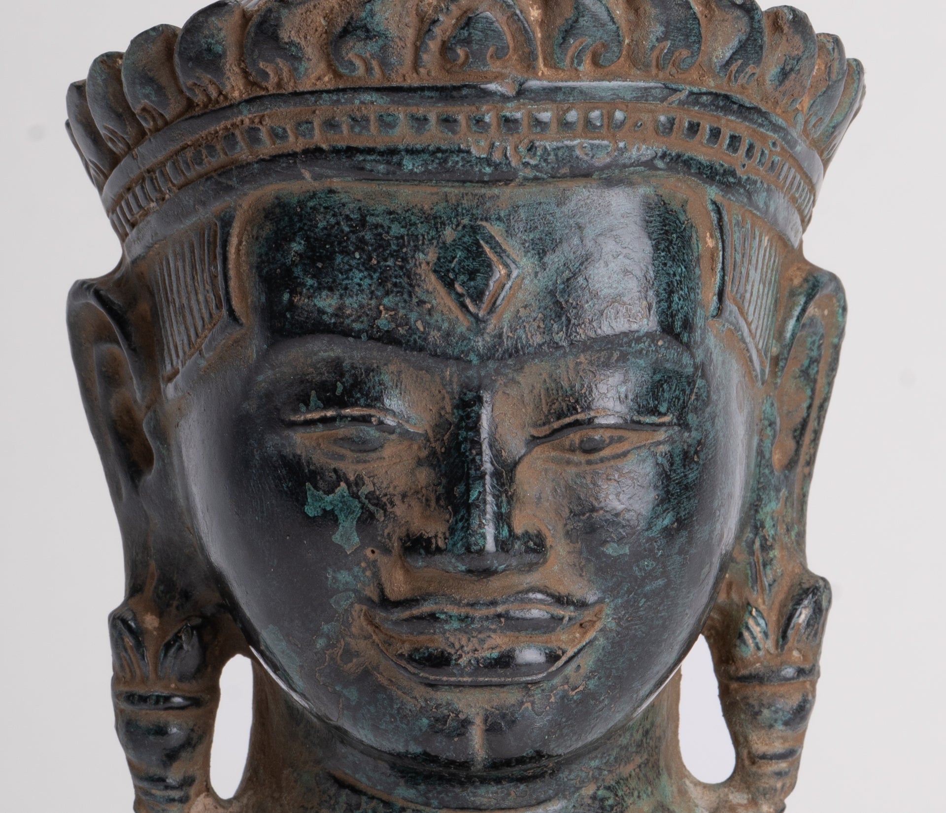 Lokeshvara Statue - Antique Khmer Style Bronze Bayon Style Mounted Lokeshvara Head - 22cm/9"