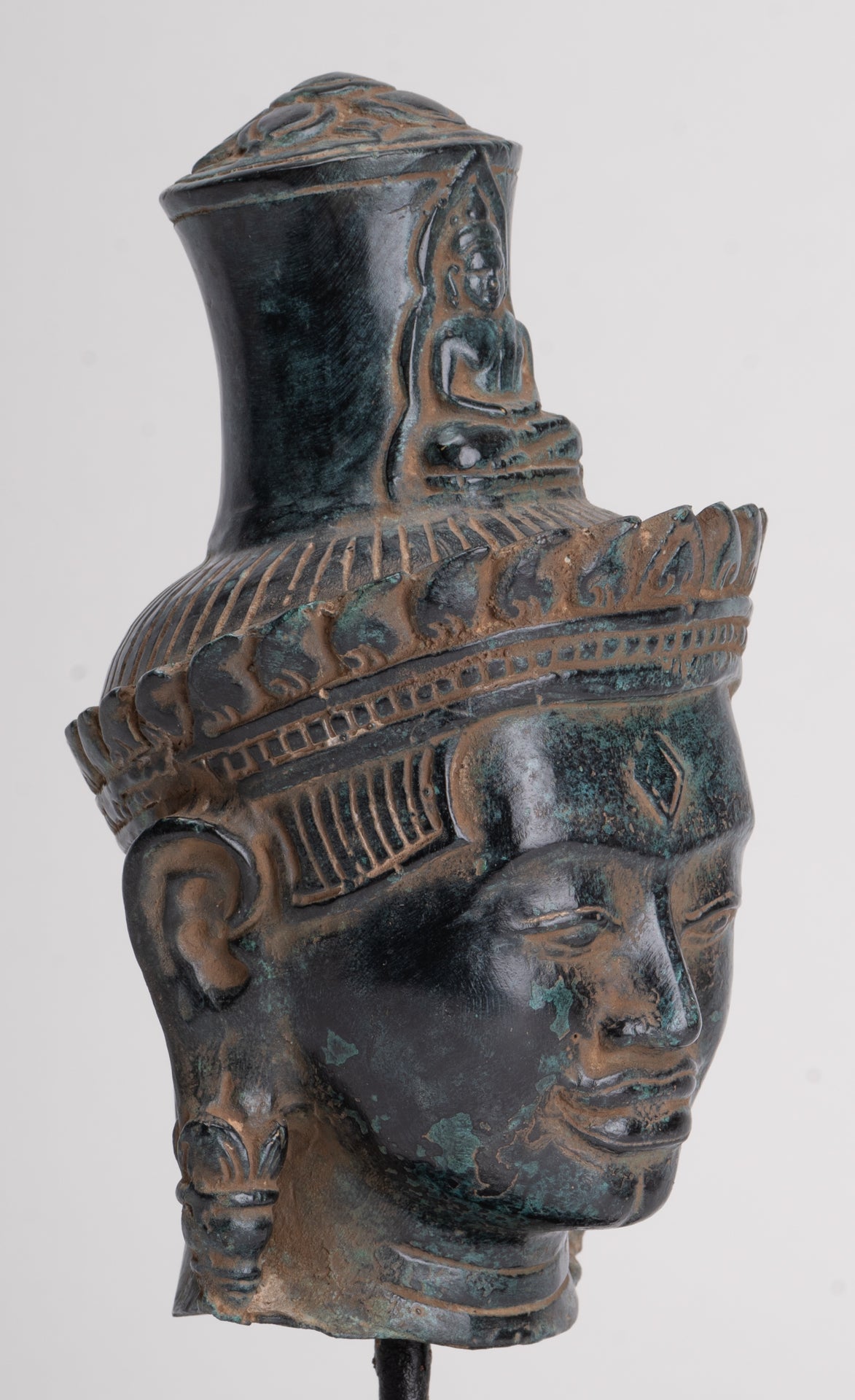 Lokeshvara Statue - Antique Khmer Style Bronze Bayon Style Mounted Lokeshvara Head - 22cm/9"