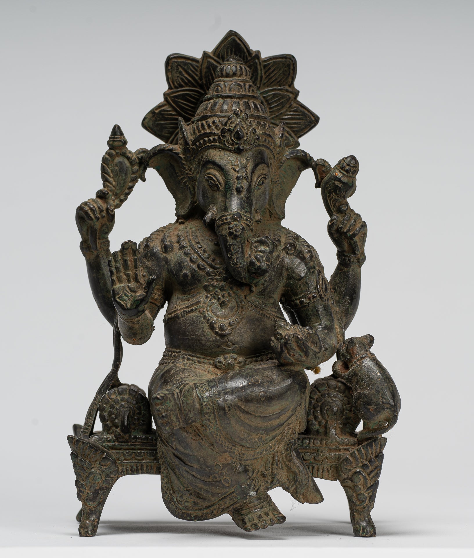 Ganesha Statue - Antique Javanese Style Bronze Seated Indonesian Ganesha Statue - 20cm/8"