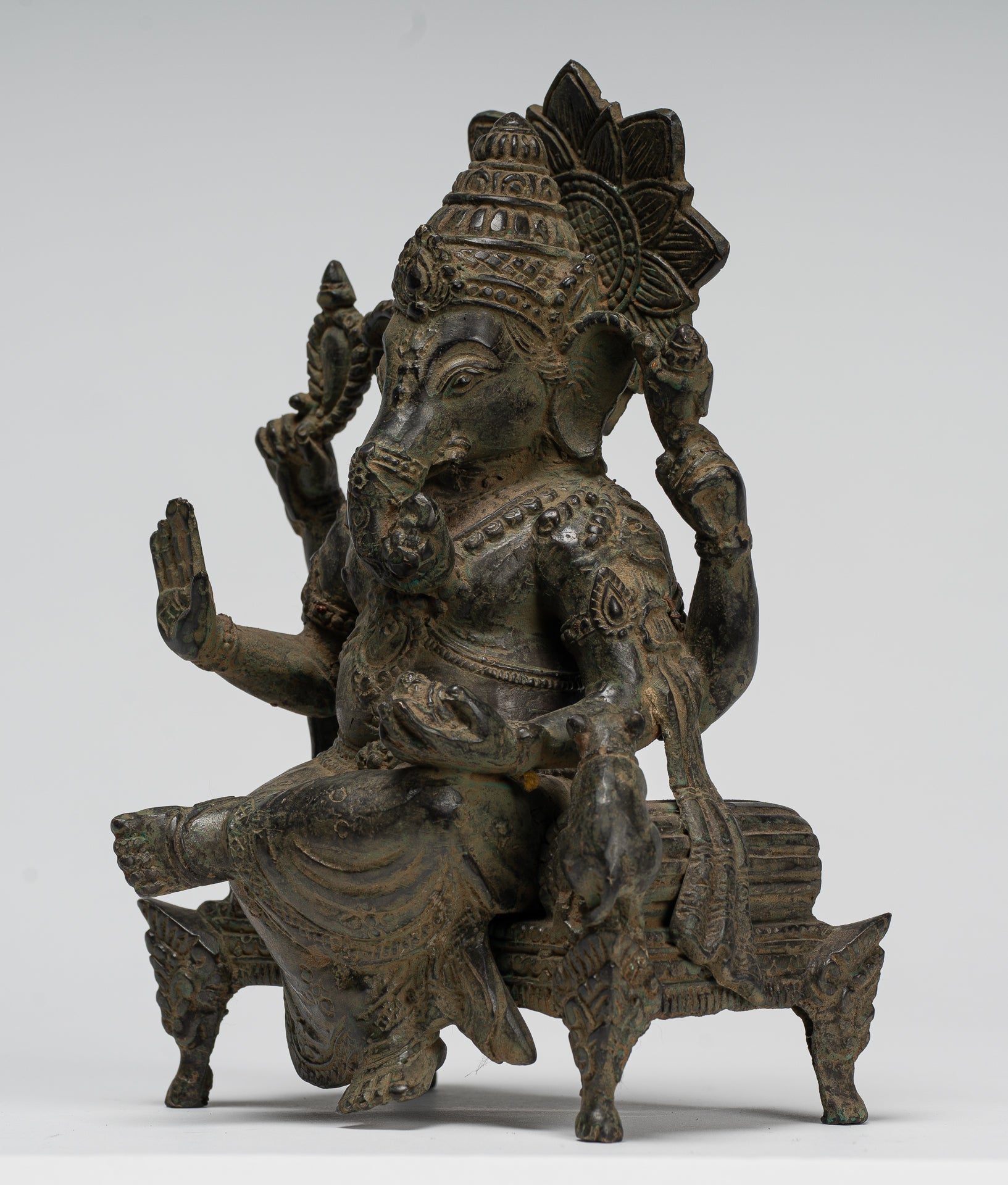 Ganesha Statue - Antique Javanese Style Bronze Seated Indonesian Ganesha Statue - 20cm/8"