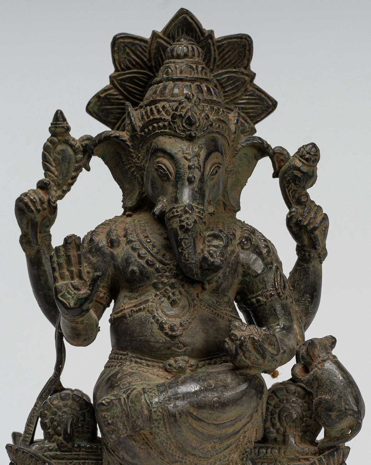 Ganesha Statue - Antique Javanese Style Bronze Seated Indonesian Ganesha Statue - 20cm/8"