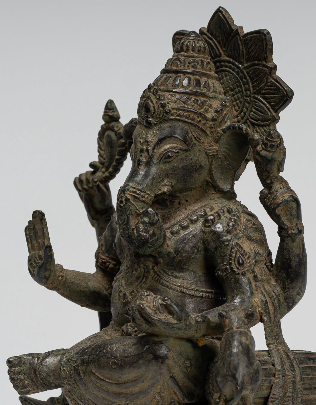 Ganesha Statue - Antique Javanese Style Bronze Seated Indonesian Ganesha Statue - 20cm/8"