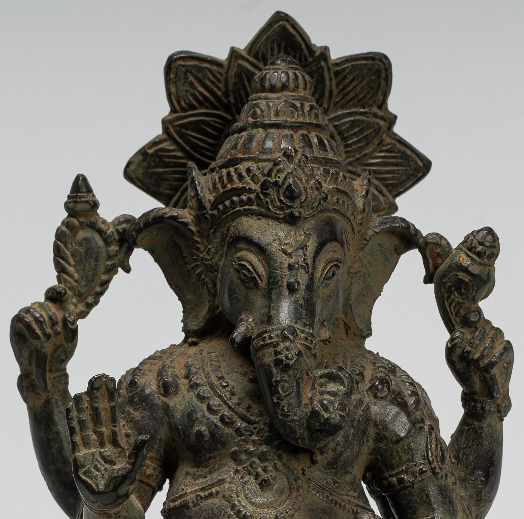Ganesha Statue - Antique Javanese Style Bronze Seated Indonesian Ganesha Statue - 20cm/8"