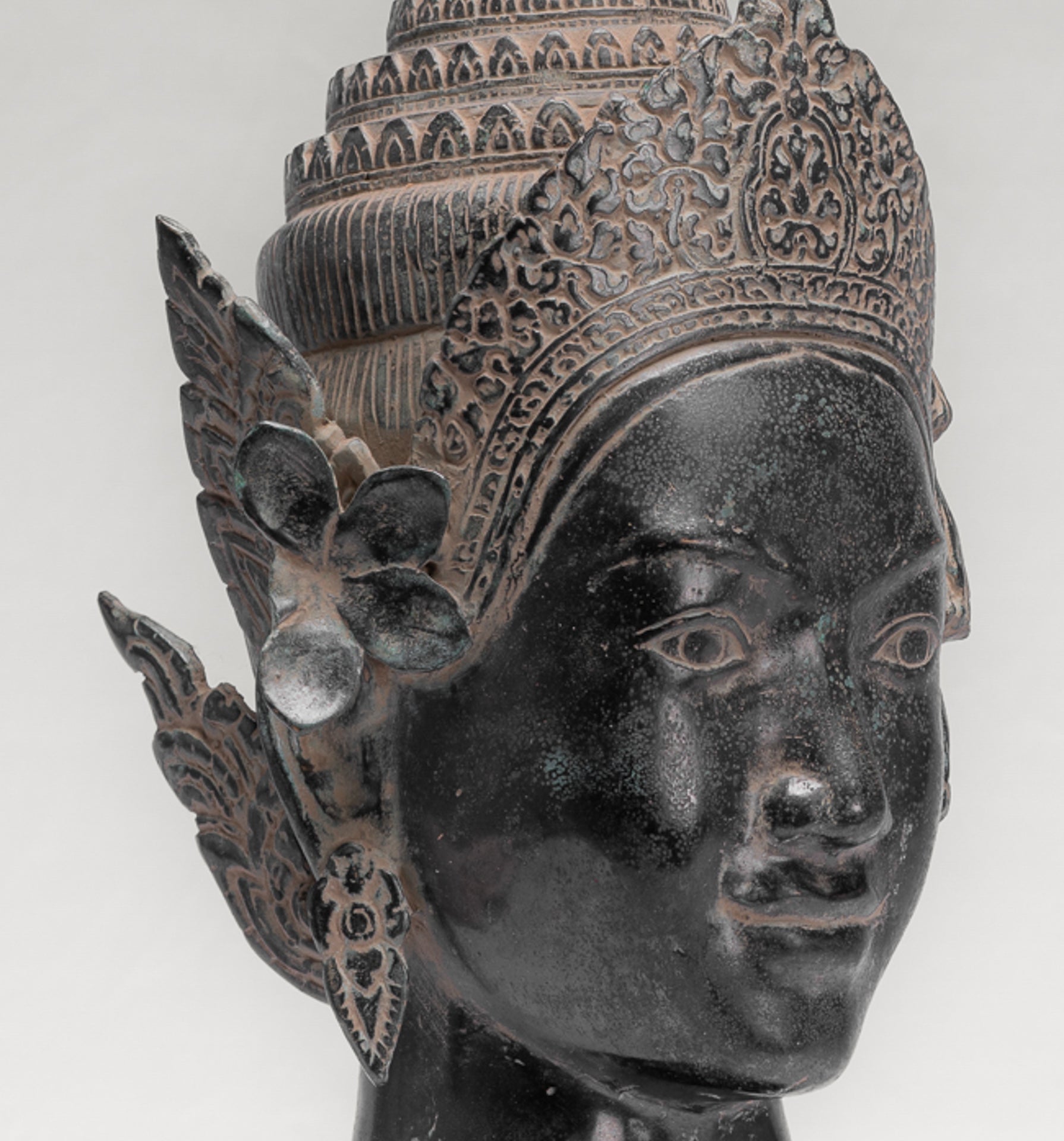 Apsara Statue - Antique Khmer Style Angkor Wat Bronze Mounted Apsara or Angel Head - 56cm/22"