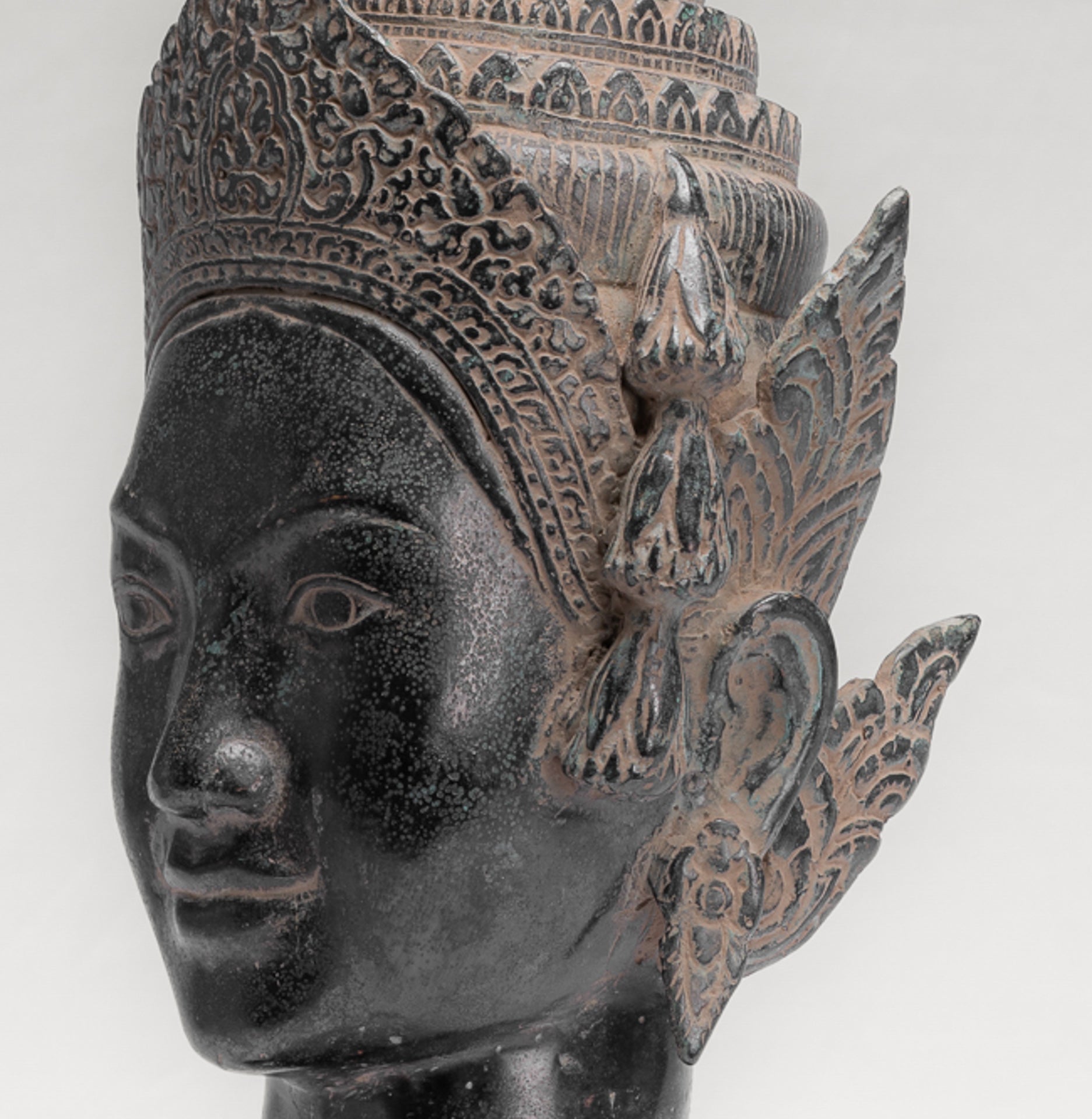 Apsara Statue - Antique Khmer Style Angkor Wat Bronze Mounted Apsara or Angel Head - 56cm/22"