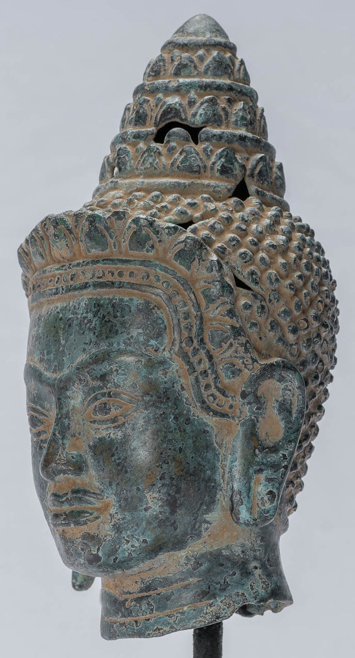 Buddha Statue - Antique Khmer Style Mounted Bronze Baphuon Buddha Head Statue - 25.5cm/10"