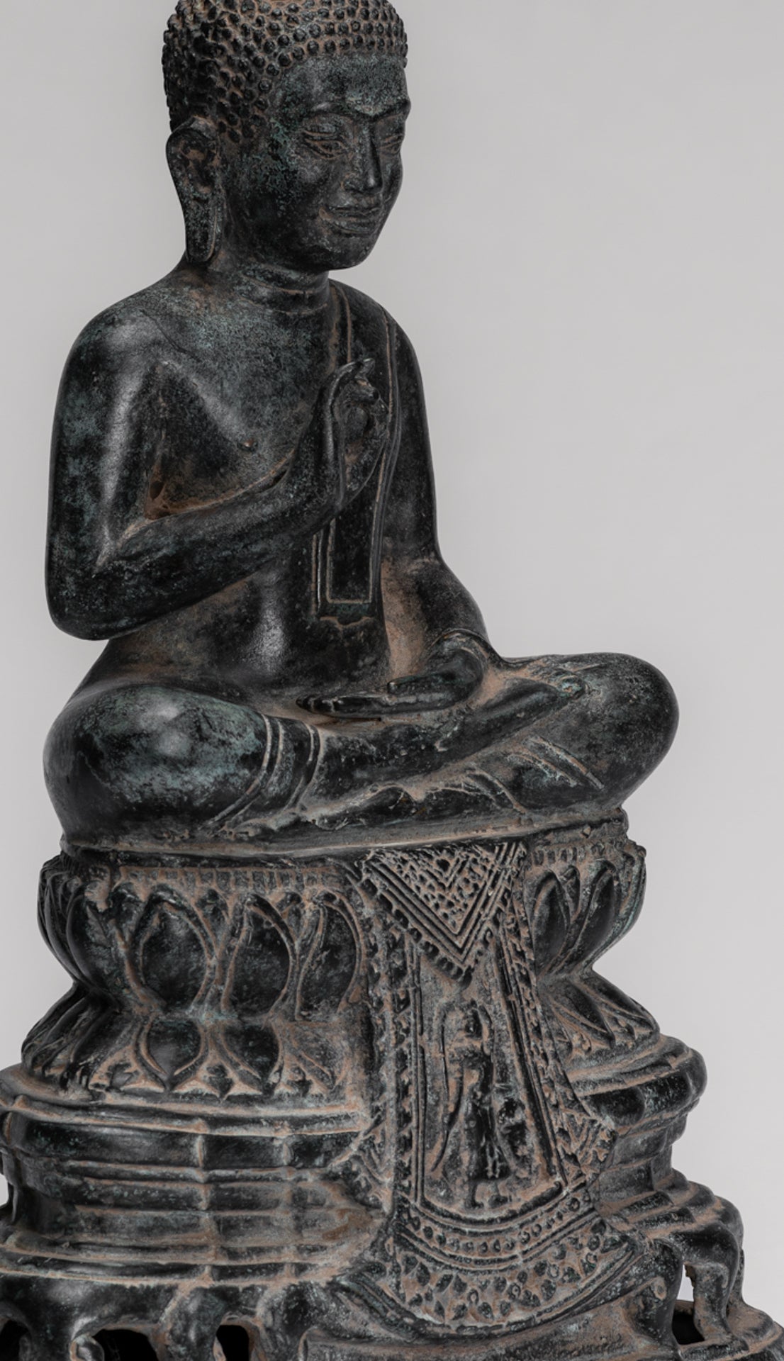 Buddha Statue - Buddha - Antique Khmer Style Enthroned Bronze Buddha Statue Teaching Mudra - 31cm/12"