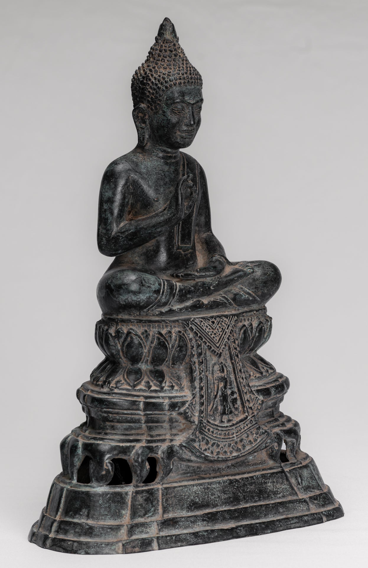 Buddha Statue - Buddha - Antique Khmer Style Enthroned Bronze Buddha Statue Teaching Mudra - 31cm/12"