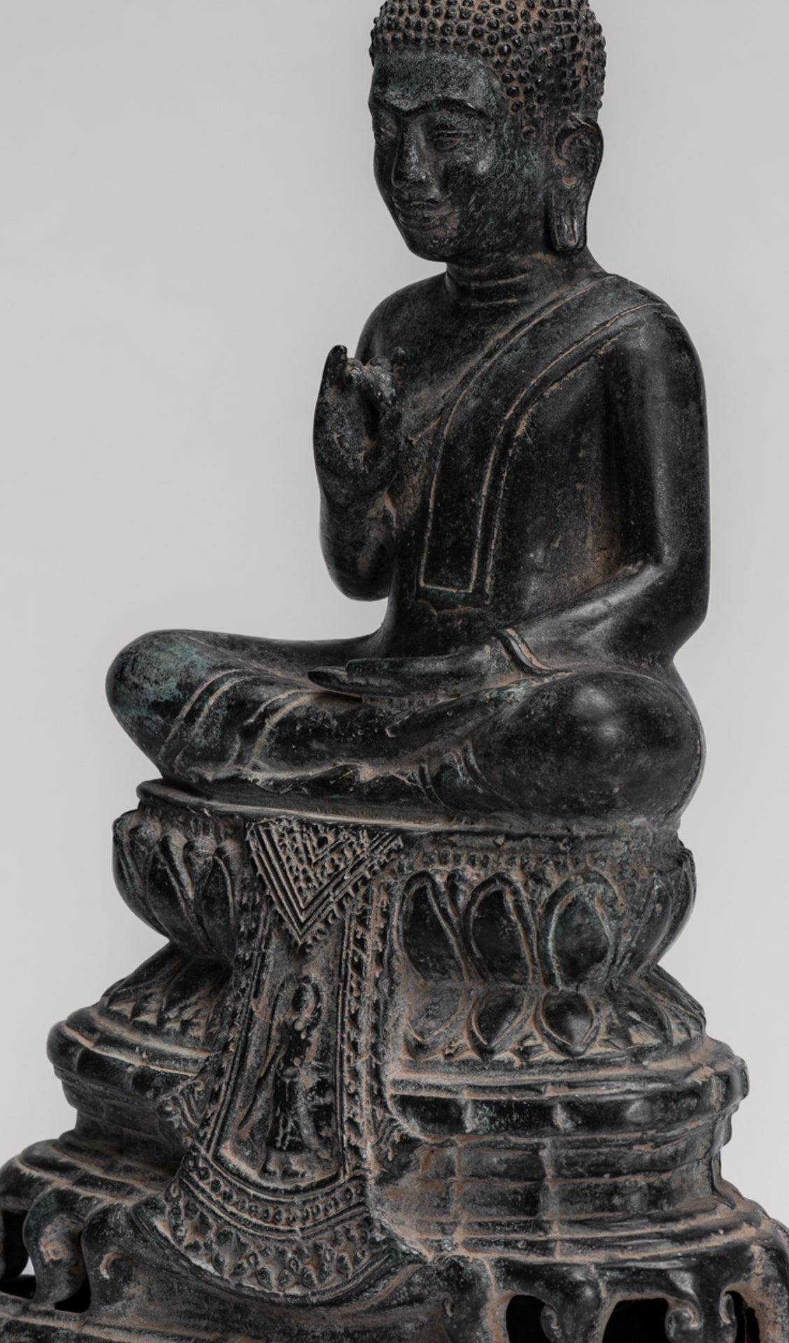 Buddha Statue - Buddha - Antique Khmer Style Enthroned Bronze Buddha Statue Teaching Mudra - 31cm/12"