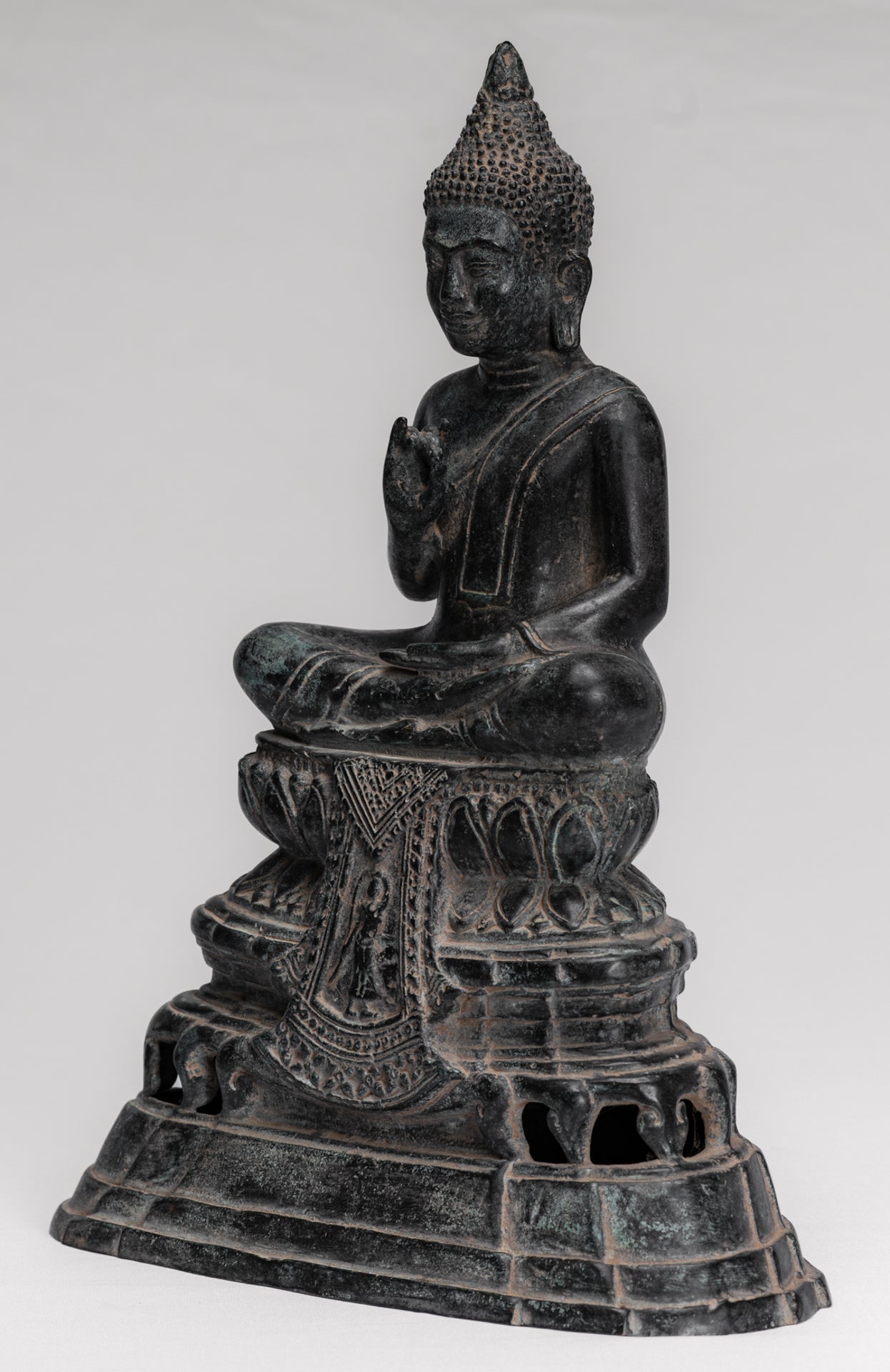Buddha Statue - Buddha - Antique Khmer Style Enthroned Bronze Buddha Statue Teaching Mudra - 31cm/12"