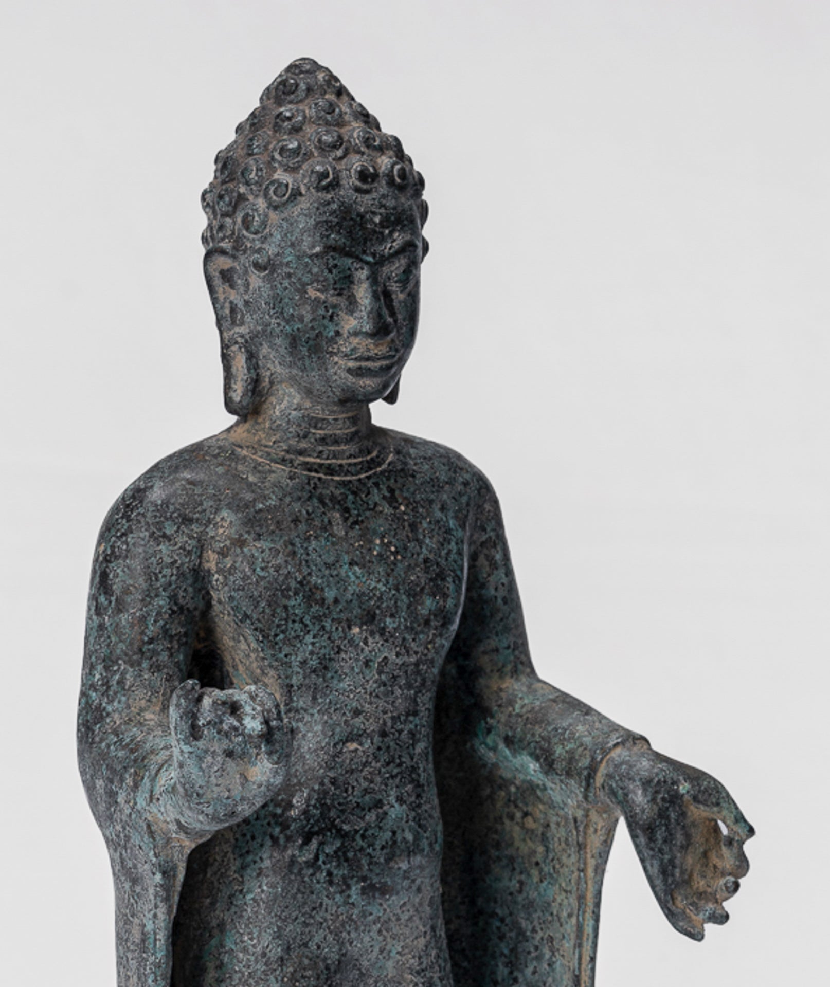 Buddha Statue - Antique Thai Style Dvaravati Bronze Standing Preaching Buddha Statue - 33cm/13"