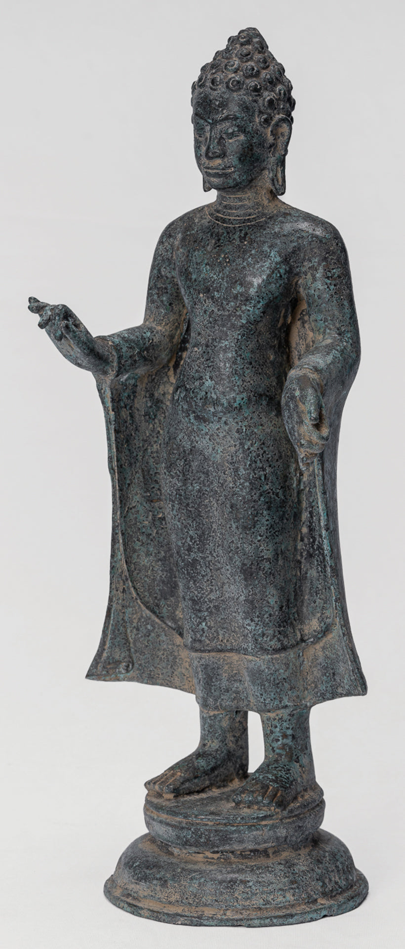 Buddha Statue - Antique Thai Style Dvaravati Bronze Standing Preaching Buddha Statue - 33cm/13"